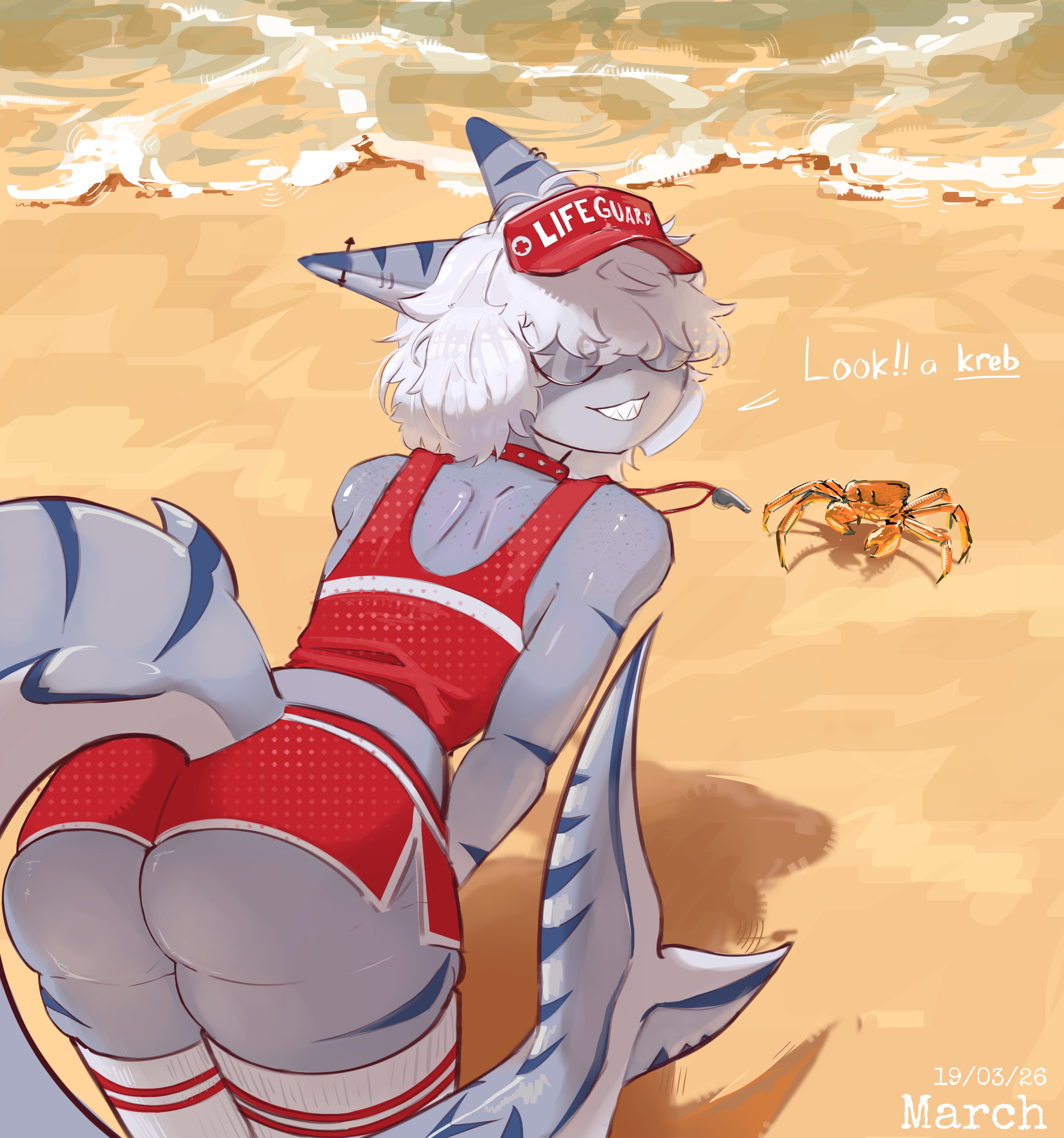 1boy, 2026, absurd res, anthro, ass, athletic male, beach, before sex, booty shorts, boy, butt, butt focus, clothed, clothed male, collar, crab, dated, english, english text, eyes covered, femboy, furry, glasses, gray body, grey body, grey tail, hi res, highres, humanoid, karlos i, lifeguard, lifeguard swimsuit, long hair, looking at viewer, looking back, male, male only, ocean, piercing, piercings, pinning, posing, posing for the viewer, public, radspiee, red clothes, red clothing, roblox, roblox avatar, robloxian, sand, shadow, shark, shark boy, shark humanoid, shark tail, sharp teeth, short shorts, soft core, soft porn, softcore, spiked collar, swimwear, tail, tail markings, talking, talking to viewer, teeth, thick ass, thick thighs, thigh highs, tiger shark, twink, water, whistle, whistle around neck, white hair