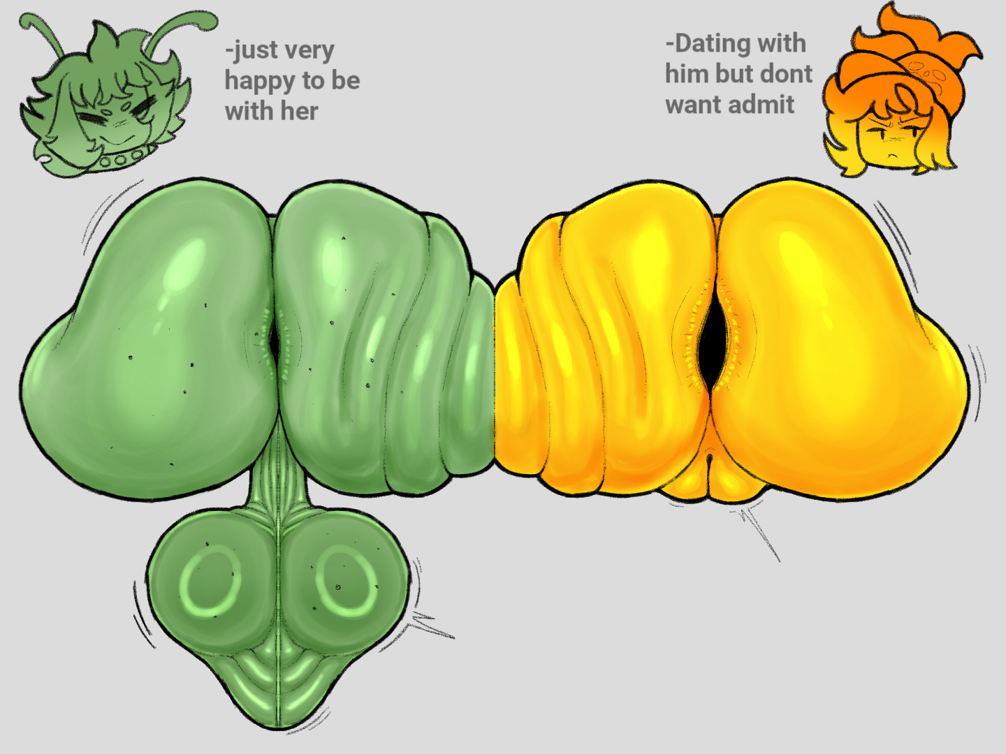 1boy, 1girls, 2026, alien, asses touching, balls, both sexes in same situation, darkdoom, gardesnorela, gift art, glz (darkdoom), grey background, pressed together, pressing asses together, purpsk8rgal (gardesnorela), roblox, robloxian, tagme, text