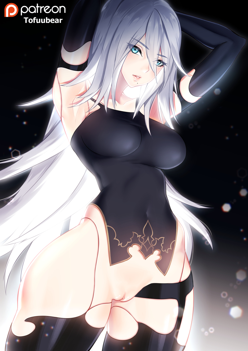 bottomless, breasts, cleavage, female, female only, higher resolution available, nier, nier: automata, pussy, shaved pussy, solo, thighhighs, tofuubear, yorha a2