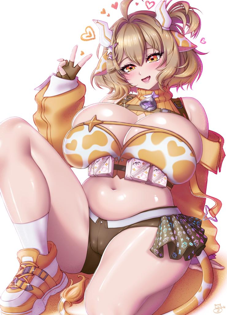 anis (nikke), anis (star) (nikke), aroused, blush, cow girl, goddess of victory: nikke, huge breasts, in heat, lying on back, naughty face, one leg up, open mouth, sevie, star-shaped pupils, v