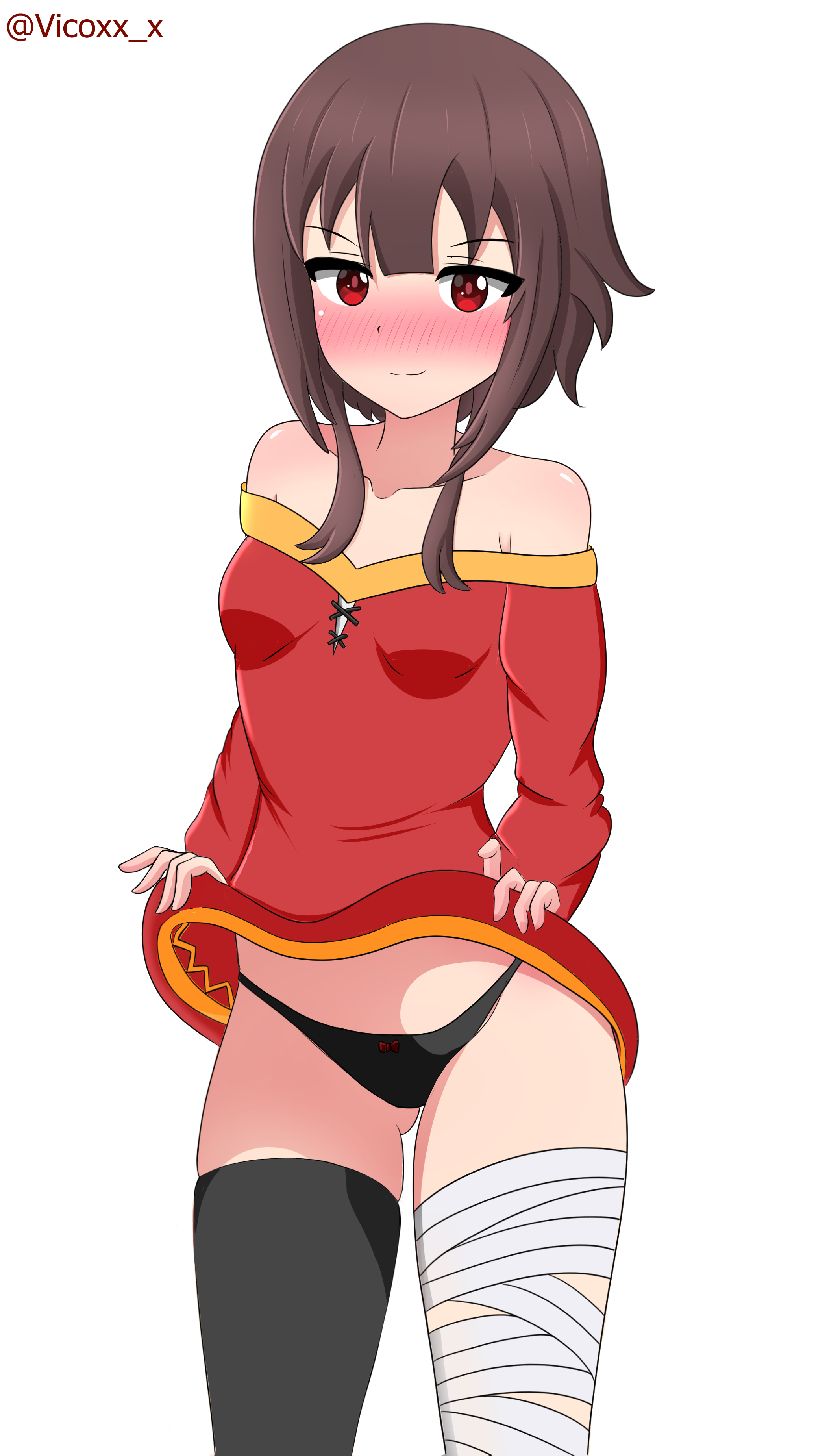 1girls, 2025, artist name, bandage, bandaged leg, black thighhighs, blush, brown hair, clothes lift, female, female only, heavy blush, kono subarashii sekai ni shukufuku wo!, looking at viewer, megumin, panties, red eyes, single thighhigh, smiling, smiling at viewer, solo, very high resolution, vicoxx, white background