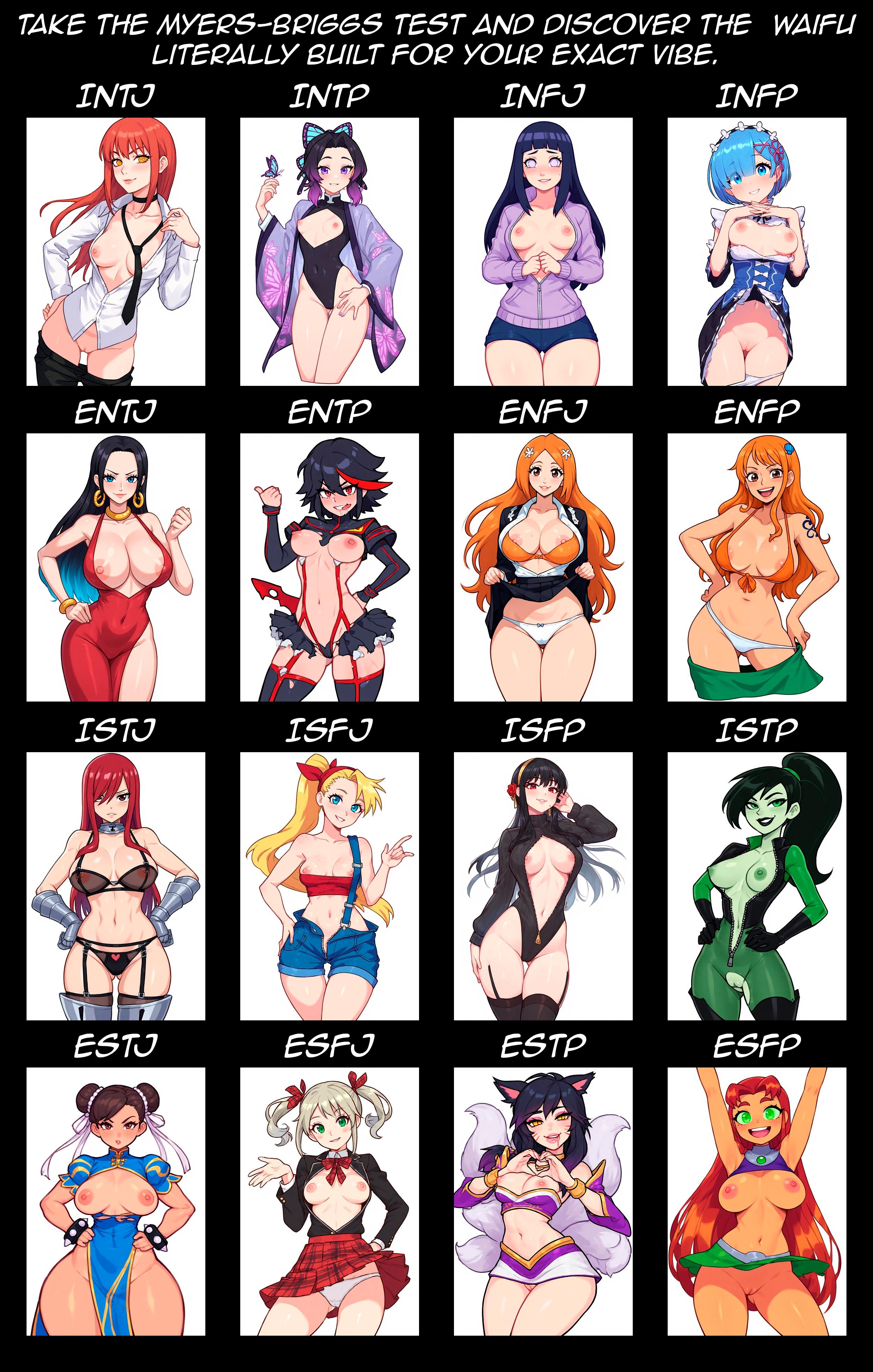 16girls, 2d, ahri, ahri (league of legends), ai assisted, ai generated, amber eyes, armor, belly, belly button, big breasts, bikini, black hair, bleach, blonde hair, blue eyes, blue hair, boa hancock, bodysuit, bow, bra, bracelet, brown eyes, brown hair, butterfly, cameltoe, caption, card, cat ears, chainsaw man, choice, choker, choose your own adventure, chun-li, clothed, clothing, crop top, curvy, dc, dc comics, demon slayer, dress, dyed hair, earrings, erza scarlet, exhibitionism, exposed breasts, exposed pussy, fairy tail, female, female focus, female only, fit, fit female, fullmetal alchemist, garter belt, garter straps, ginger, ginger hair, gloves, green eyes, green skin, hair bun, happy, hyuuga hinata, inoue orihime, kill la kill, kim possible, kochou shinobu, large breasts, league of legends, light skin, light-skinned female, long hair, maid, maid uniform, maka albarn, makima (chainsaw man), matoi ryuuko, milf, muscular, muscular female, myers briggs, nami (one piece), naruto (series), neko, nipples, one piece, overalls, pale skin, pale-skinned female, panties, panties down, ponytail, purple eyes, purple hair, pussy, re:zero kara hajimeru isekai seikatsu, red eyes, red hair, rem (re:zero), robe, school uniform, schoolgirl, seductive, see-through, see-through clothing, shaved pussy, shego, shirt, short hair, shorts, shy, simple background, skirt, slim waist, small breasts, smile, solo, solo focus, soul eater, spy x family, starfire, stockings, straight hair, street fighter, swimwear, tail, tan body, tan skin, teen titans, test, tie, tight clothing, torn clothes, torn clothing, translucent, translucent clothing, twin buns, twintails, ultimate waifu project, wavy hair, white eyes, wide hips, winry rockbell, yor forger