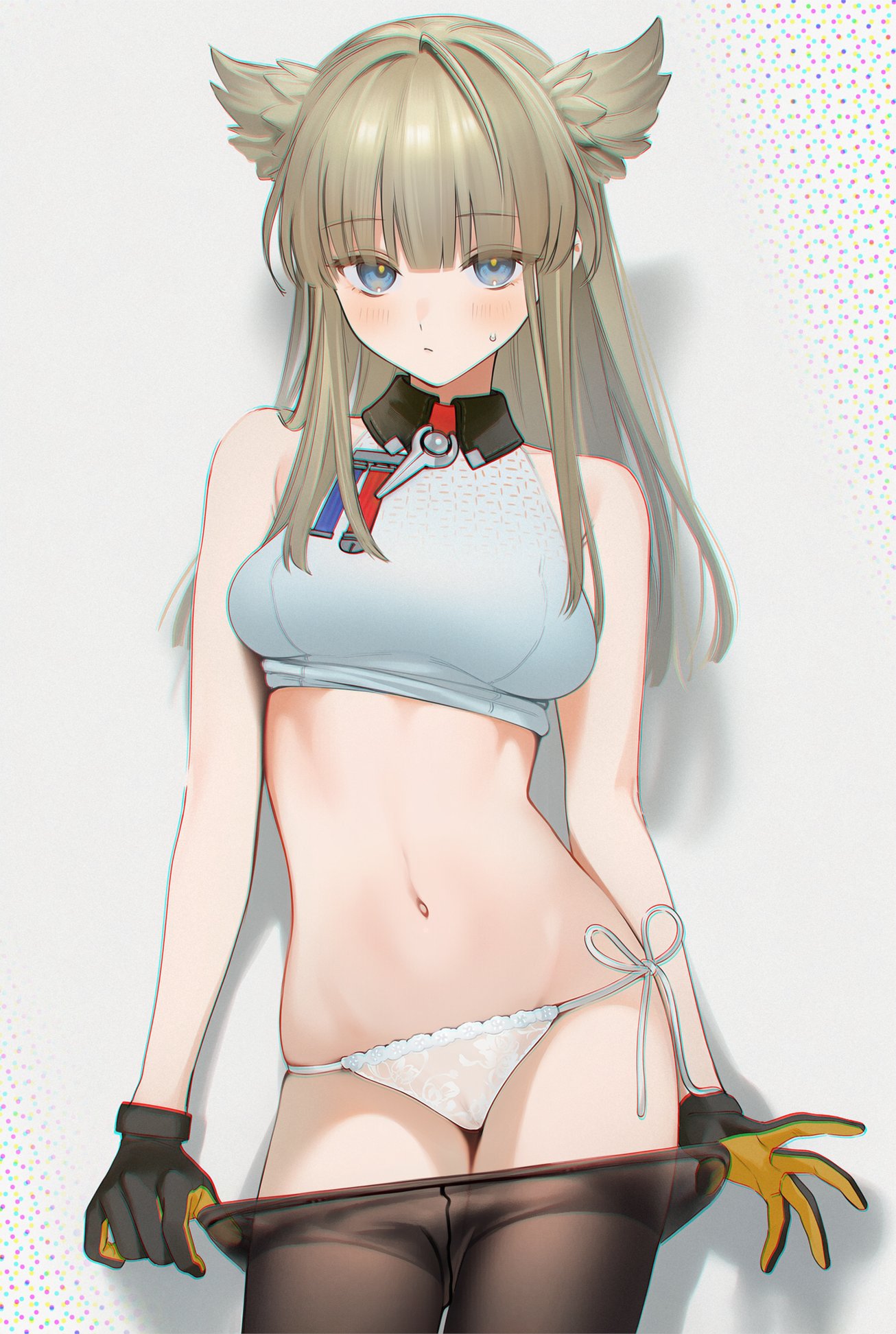1girls, animal ears, arknights, arknights: endfield, blonde hair, blue eyes, blush, clothing, gloves, j0ch3fvj6nd, lingerie, lingerie panties, looking at viewer, navel, panties, pantyhose, pantyhose pull, perlica (arknights: endfield), pulling down pants, pussy, pussy visible through clothes, pussy visible through panties, see-through, see-through panties, simple background, solo, solo focus, sweat, sweatdrop, tagme, undressing