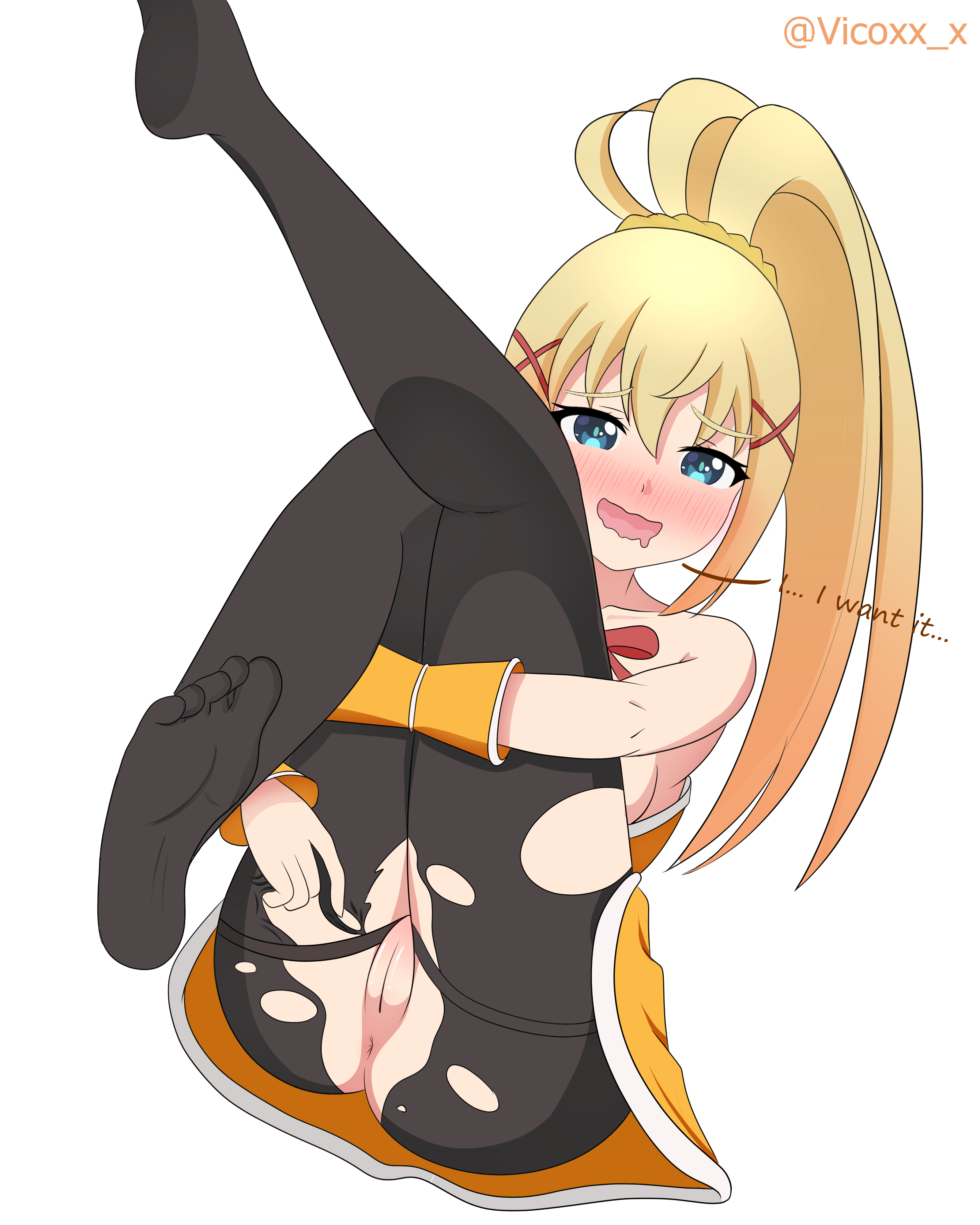 1girls, 2025, absurd res, anus, artist name, asking for it, bent legs, blonde hair, blue eyes, blush, darkness (konosuba), desperate, dialogue, english text, female, female only, high ponytail, kono subarashii sekai ni shukufuku wo!, long hair, looking at viewer, naughty face, open mouth, pantyhose, pussy, smiling, smiling at viewer, solo, text, torn pantyhose, vicoxx, voluptuous, wavy mouth, white background