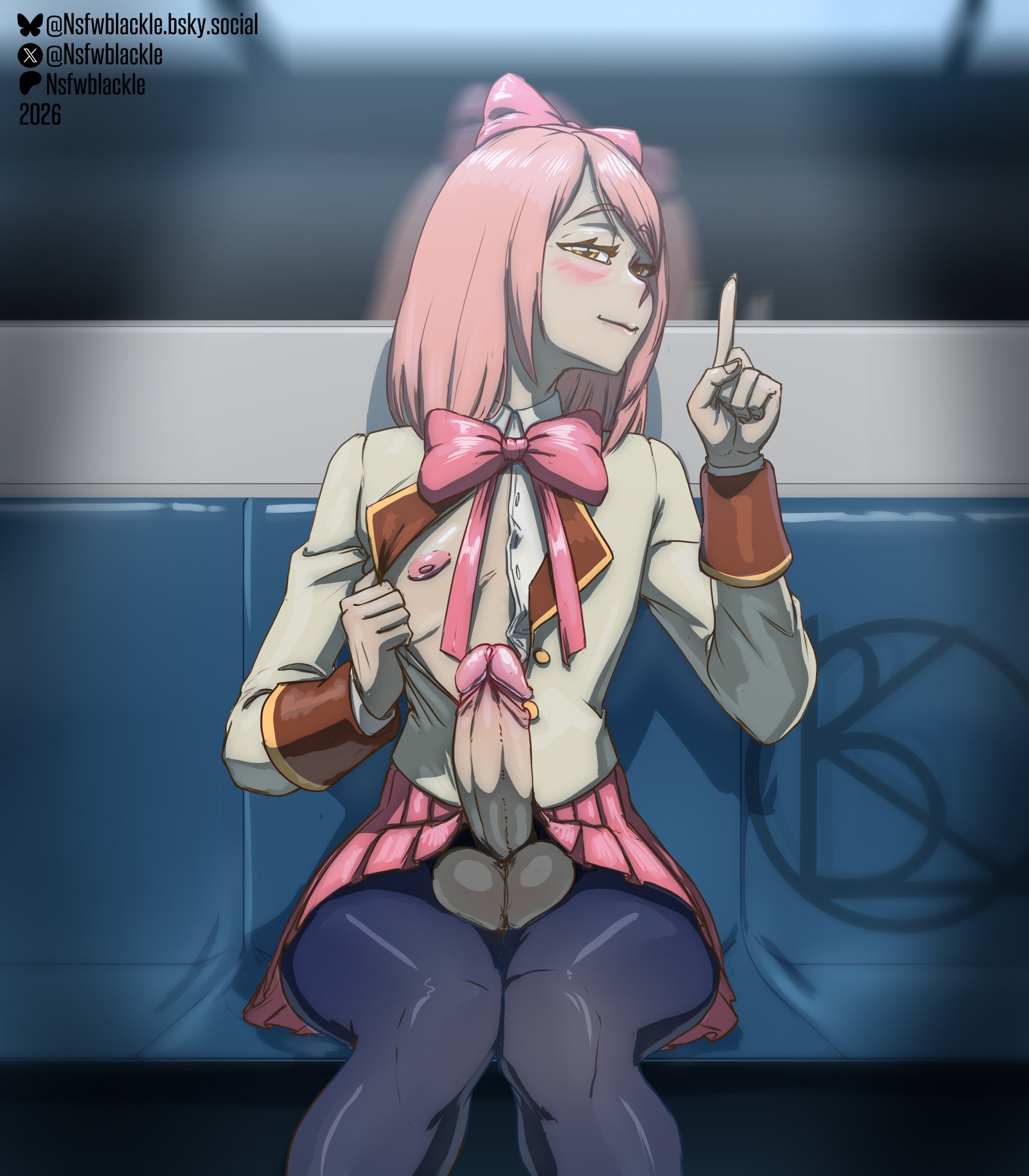 1boy, alternate version at source, alternate version available, blush, bow, closed eyes, clothing, commission, crossdressing, feet out of frame, femboy, flashing, flashing breasts, flat chest, hairbow, himeno amane, long hair, looking at viewer, male, male only, nipples, nsfwblackle, otoko no ko, pantyhose, penis, penis out, pink hair, shirt, sitting, skirt, sono bisque doll wa koi wo suru, trap, uncensored, yellow eyes