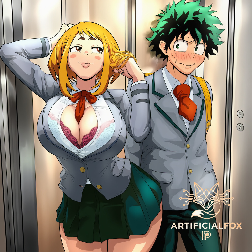 1boy, 1girls, ai generated, artificialfox, bimbo, bimbo lips, bimbofication, bimbofied, elevator, female, hair, izuku midoriya, male, my hero academia, ochako uraraka, shy