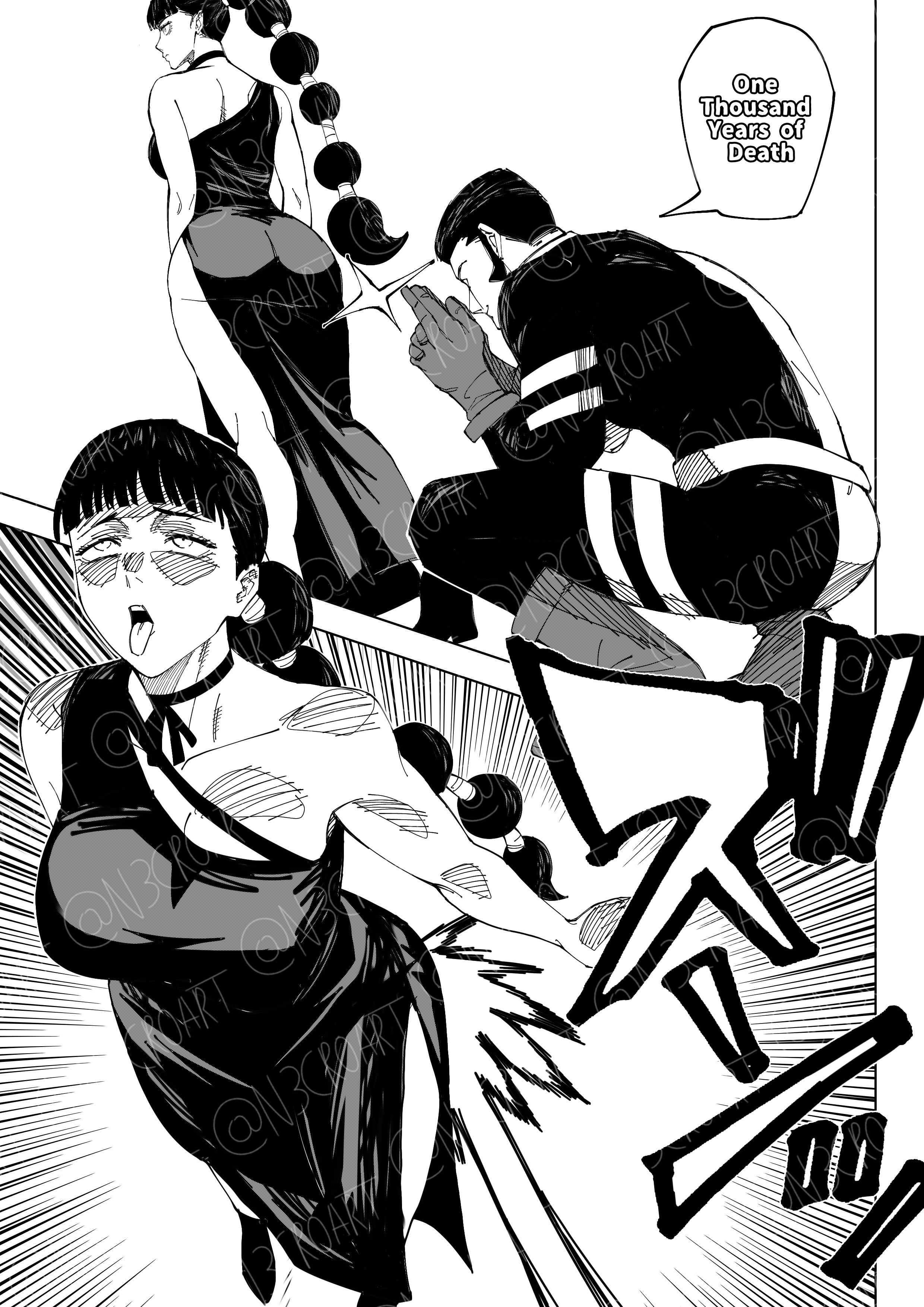 1000 years of death, ahe gao, ahegao face, ambiguous penetration, black and white, black hair, braid, braided hair, braided ponytail, dress, female, female human, fumihiko takaba, jujutsu kaisen, male, n3croar, n3croart, no sex, no underwear, no visible genitalia, onomatopoeia, remi (jujutsu kaisen), speech bubble, takaba fumihiko
