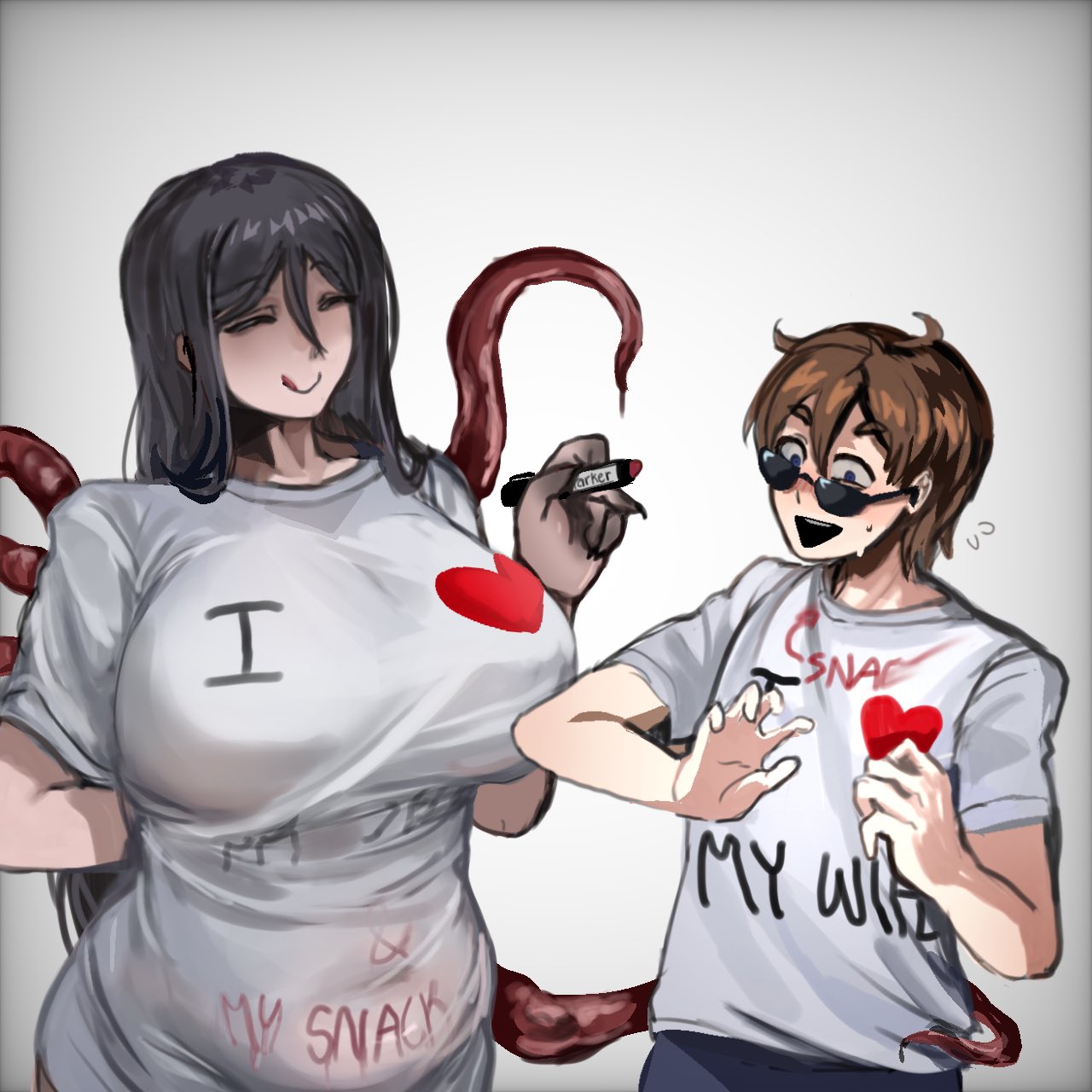 1boy, 1girls, black hair, how to date an entity (and stay alive), huge breasts, large breasts, long hair, mrs (how to date an entity (and stay alive), see-through shirt, sfour, tentacle