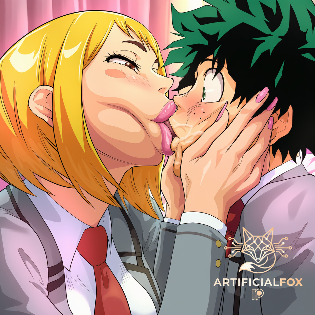 1boy, 1girls, ai generated, artificialfox, bimbo, bimbo lips, bimbofication, bimbofied, female, holding head, izuku midoriya, kissing, lewd, male, my hero academia, ochako uraraka