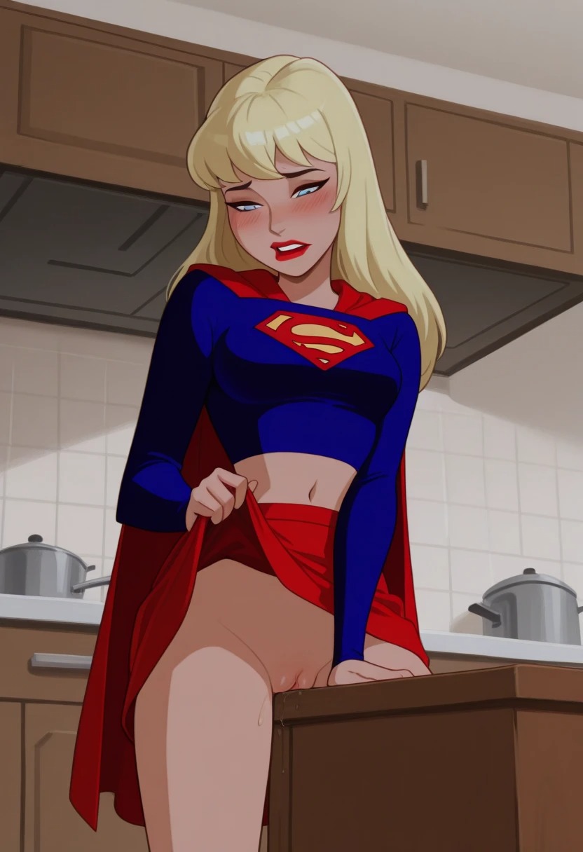1girls, ai generated, alien, alien girl, alien humanoid, blonde hair, blue eyes, blushing, blushing female, corner masturbation, costume, crotch rub, dc, dc comics, female, female masturbation, female only, humping, justice league, justice league unlimited, kara zor-el, kitchen, kryptonian, lipstick, masturbation, midriff, midriff baring shirt, no panties, pussy, pussy juice, red lipstick, rubbing, rubbing against, rubbing pussy, skirt, skirt lift, solo, solo female, supergirl, superman (series), userisbad
