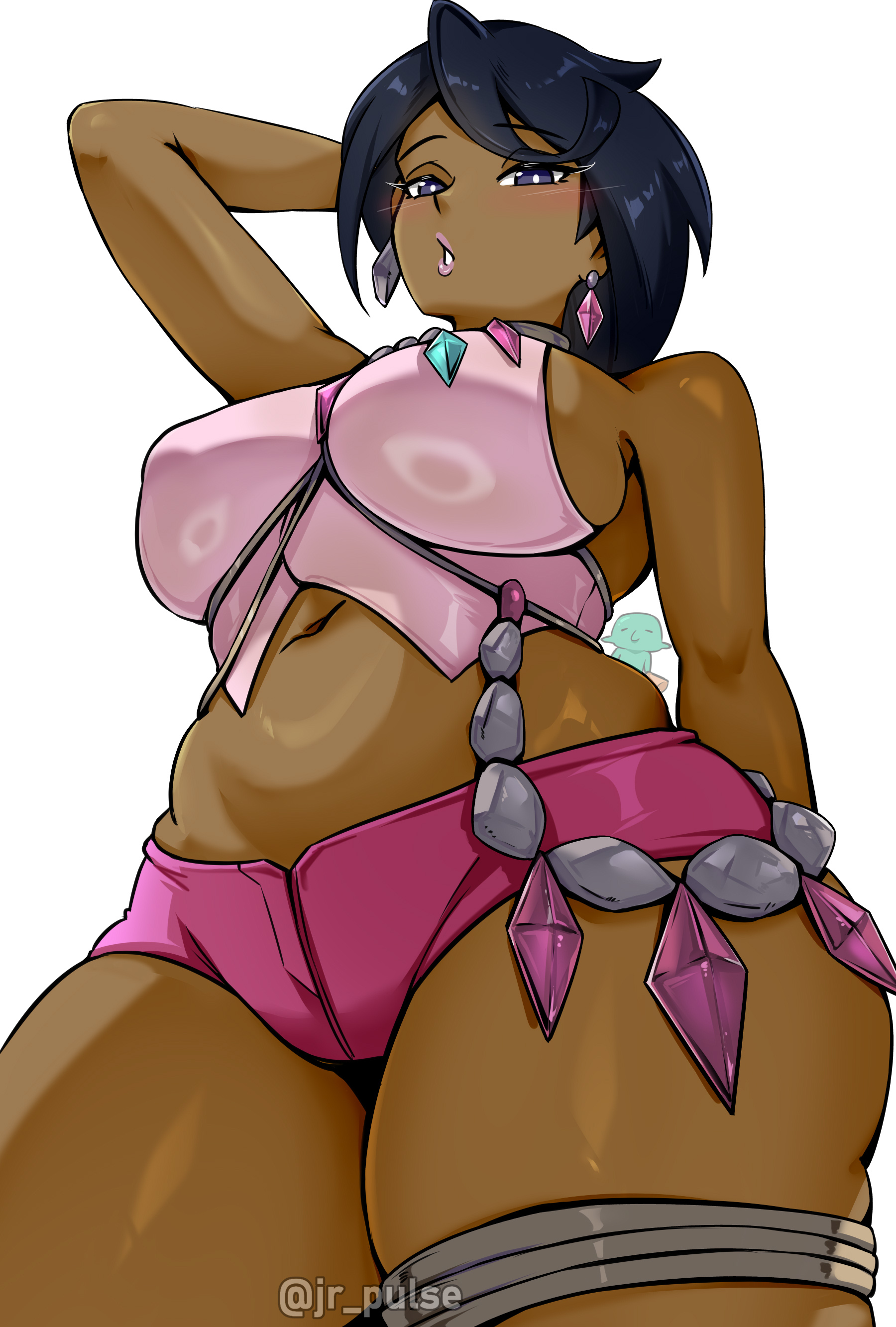 1girls, artist name, big breasts, black eyes, black hair, bottomwear, breasts, dark-skinned female, ear piercing, earrings, female, female focus, female only, game freak, hair, hand behind head, hips, jewelry, jrpuls3, legwear, lips, mature, mature female, mature woman, necklace, neckwear, olivia (pokemon), parted lips, pink shorts, pokemon, pokemon sm, short hair, shorts, solo focus, thigh strap, thighs, topwear, white background, wide hips