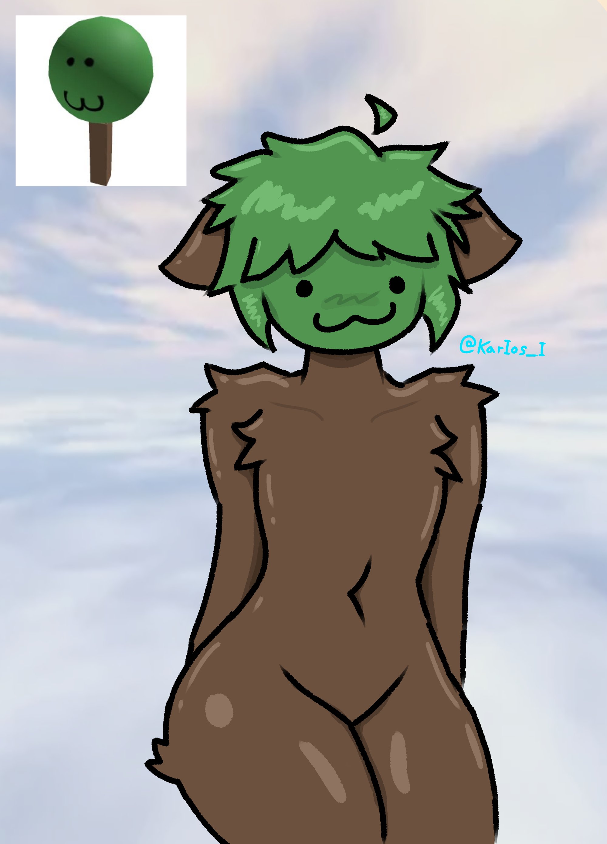:3, androgynous, artist name, brown body, collarbone, dot eyes, ears, evil tree (roblox), fluffy body, fluffy ears, green hair, green head, hair, hands at sides, hi res, highres, hourglass figure, humanization, humanized, humanoid, looking ahead, midriff, no clothes, no clothing, no eyebrows, no genitals, petite, reference image, roblox, sfw, solo, solo focus, thick thighs, thighs, tree, twitter username