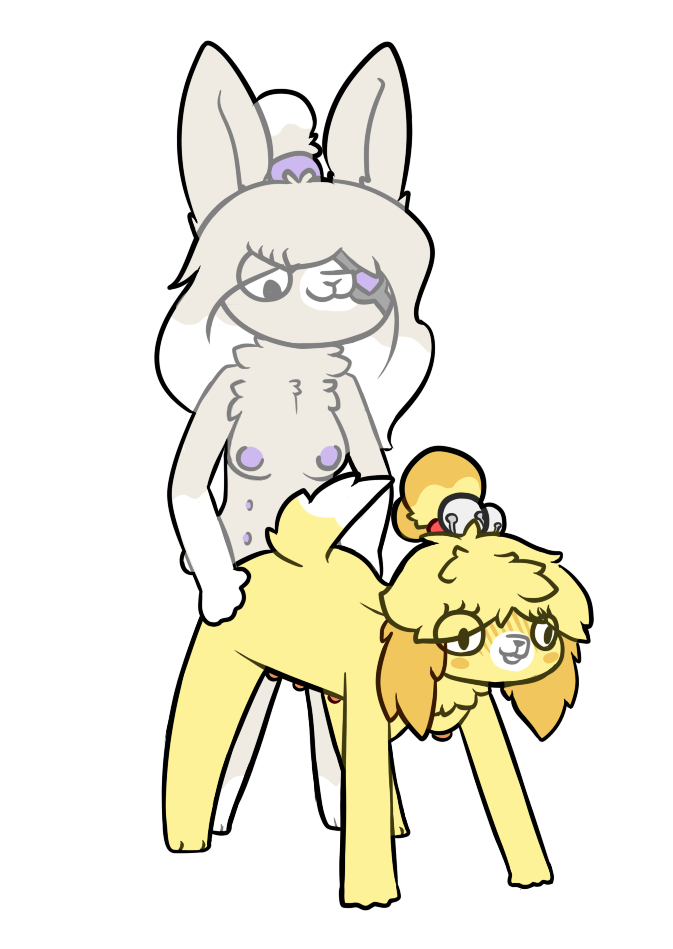 animal_crossing anthro bell canine eye_patch eyewear female hair hair_bun isabelle_(animal_crossing) lagomorph mammal multi_nipple nintendo nipples piebunny rabbit scared video_games