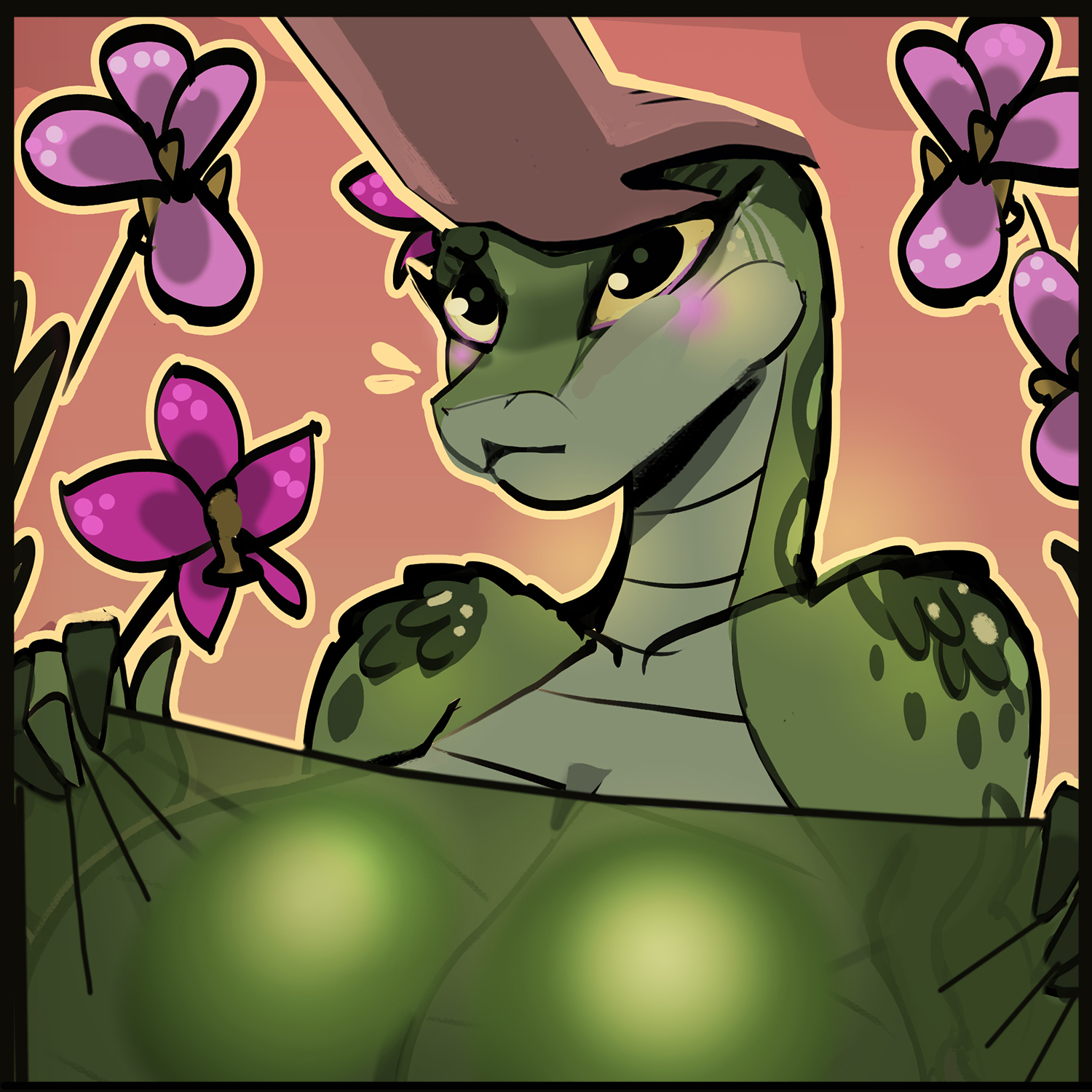 1girls, big ass, big breasts, blush, breasts, censored, female, flower in hair, flowers, furry, headpat, huge breasts, lizard, lizard girl, mister feelgood, scales, scalie, snake, snake girl, snake tail, transparent clothing, viper, viper (species), wholesome
