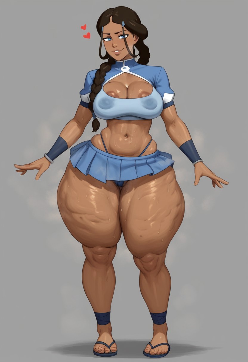 1girls, ai generated, areolae, avatar the last airbender, blue eyes, bottom heavy, brown hair, cameltoe, cellulite, cleavage, crop top, dark-skinned female, fat, fat female, feet, female, female only, flip flops, hips, katara, miniskirt, musk, oiled, skirt, slim waist, solo, taiga20, thick, thick thighs, thighs, thong