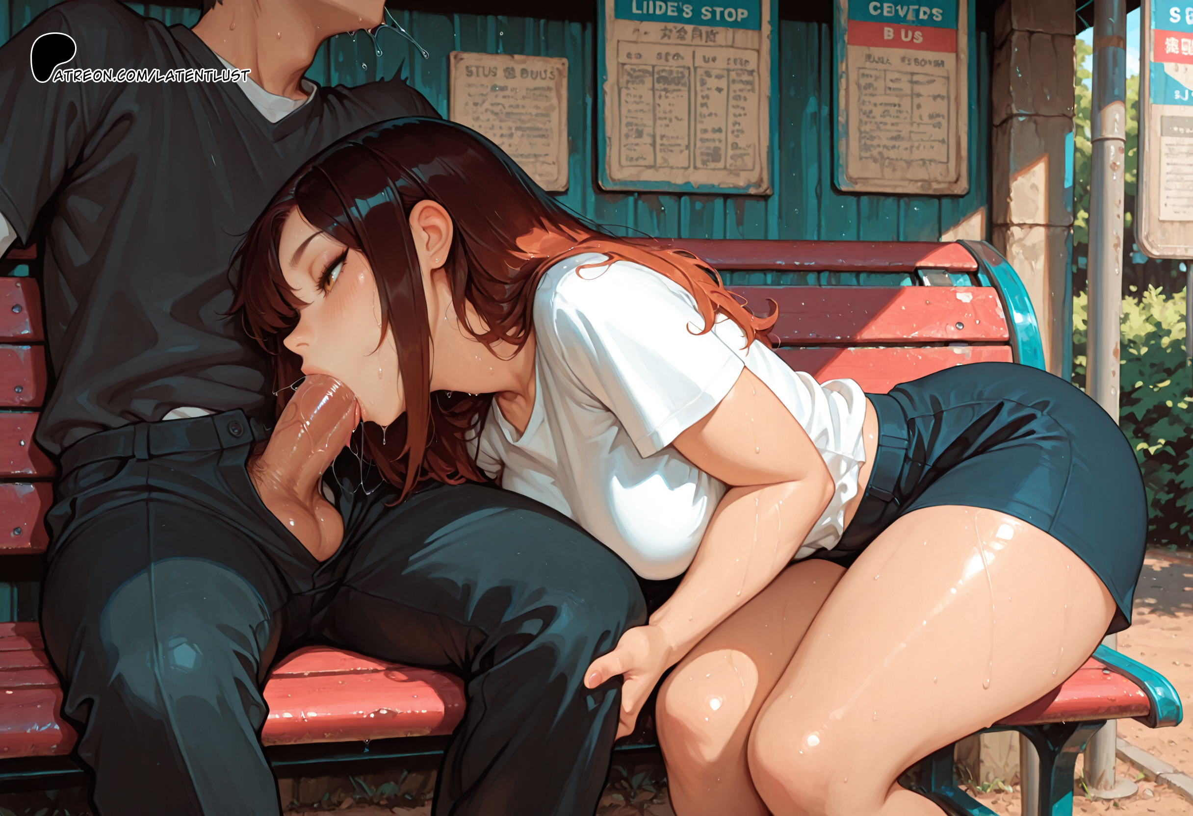 ai generated, assertive female, bus stop, deepthroat, drooling, fellatio, femdom, fully clothed, hot, latentlust, on bench, outdoors, penis grab, penis out, public, public exposure, public indecency, public sex, saliva, saliva on penis, sitting, stealth fellatio, stealth sex, sweat