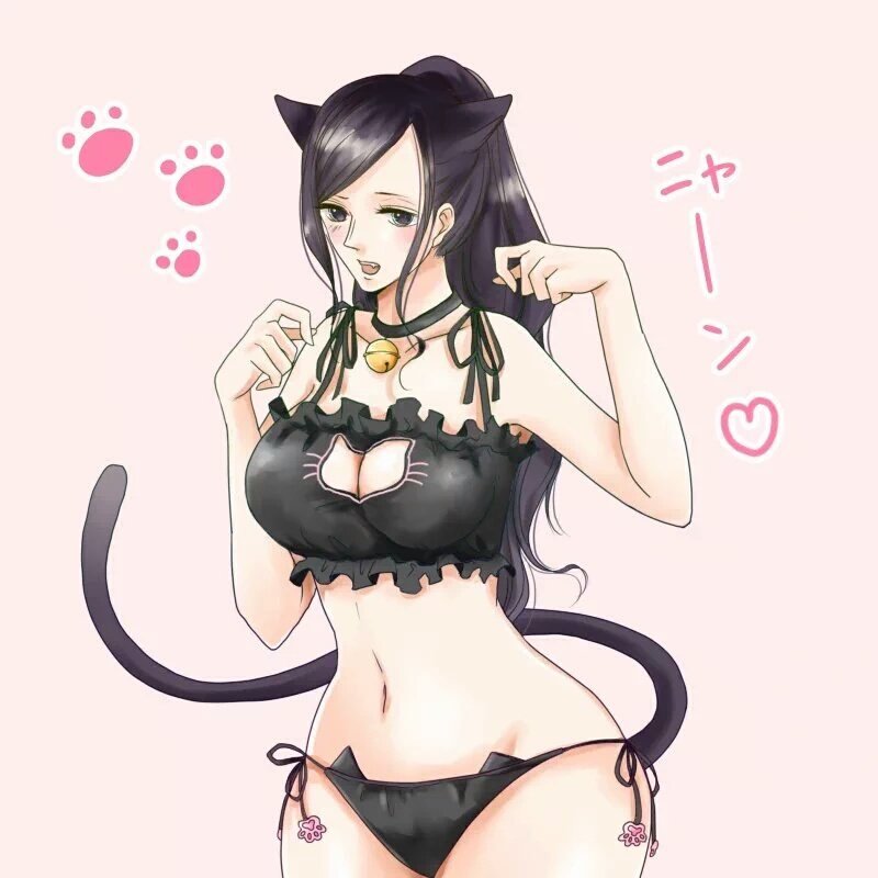 1girls, alone, animal costume, artist request, black hair, black-haired female, blush, breasts, cat collar, cat costume, cat ears, cat lingerie, cat tail, choker, cleavage, curvy, female, female only, heart, japanese, jingle bell, large breasts, navel, nico robin, one piece, panties, pink background, ponytail, solo, stomach, tail, text, thighs, tied hair