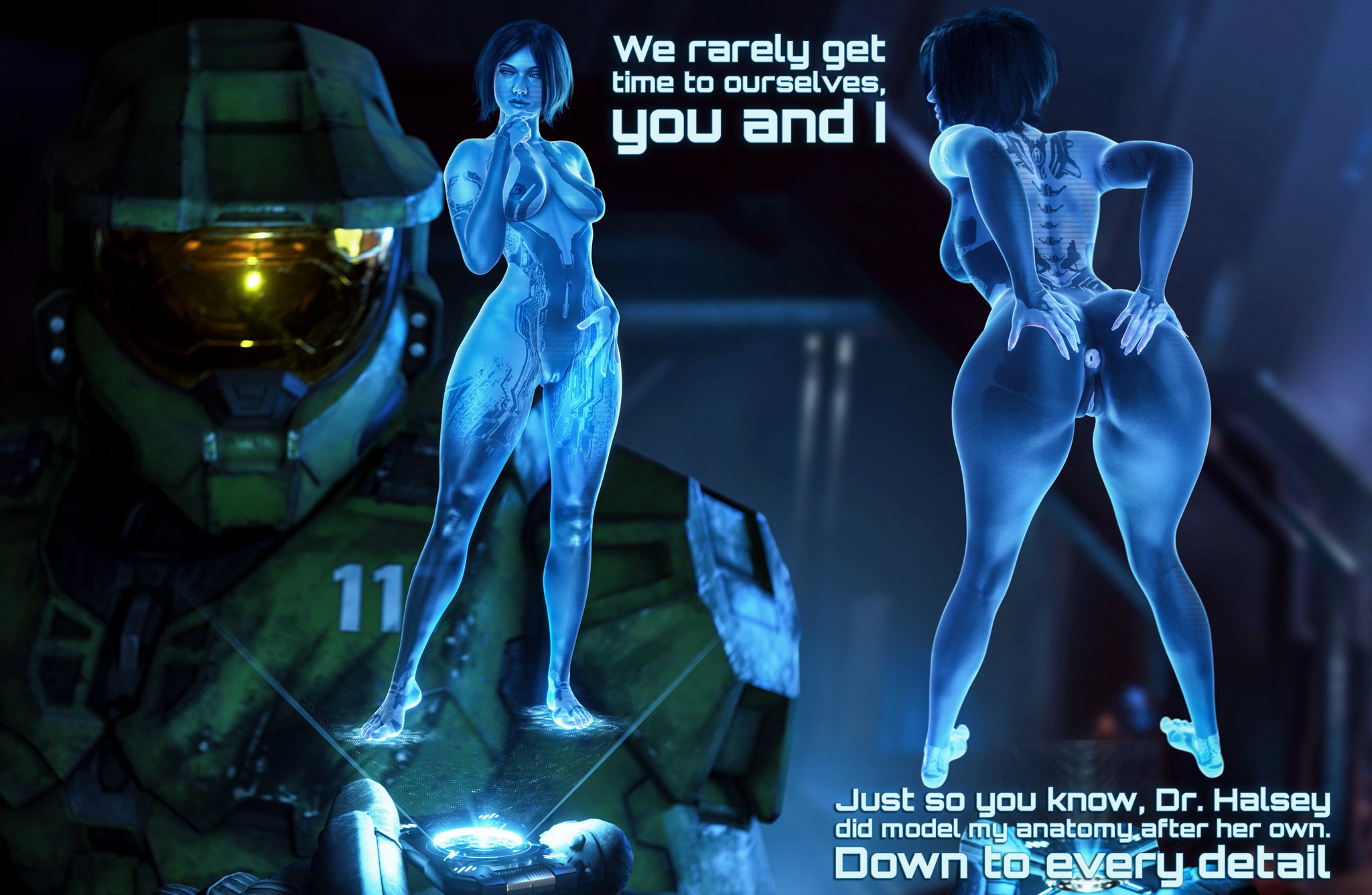 3d, anus, anus focus, anus only, anus peek, ass, big ass, big butt, blender, blue body, blue eyes, blue hair, blue skin, butt focus, butt grab, butt spread, cortana, dinoboy555, enjoying, female, glowing anus, glowing pussy, halo, halo (game), halo (series), halo 4, halo infinite, highres, john-117, master chief, spread anus, spread ass, thicc butt, thick ass, video game character, wants to be fucked