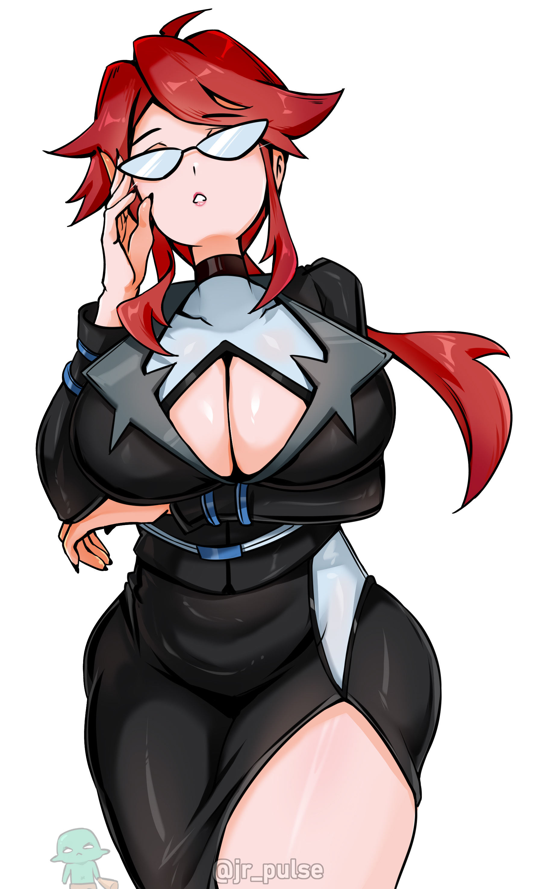 1girls, adjusting eyewear, arm under breasts, big breasts, breasts, cleavage, clothing, eyewear, female, female focus, female only, game freak, glasses, hips, huge breasts, jrpuls3, lorelei (pokemon lgpe), lorelei (pokemon), mature, mature female, office clothing, office lady, pokemon, pokemon lgpe, red hair, solo focus, thighs, white background, wide hips