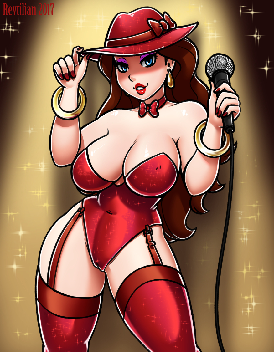 1girls, blue eyes, bracelet, bracelets, breasts, brown hair, cleavage, clothed, clothing, earrings, eyeshadow, female, female only, fingernails, garter belt, garter straps, hat, human, human only, jewelry, large breasts, legwear, lipstick, long hair, looking at viewer, makeup, mario (series), microphone, nintendo, pauline, red legwear, red lipstick, revtilian, solo, standing, super mario odyssey, thighhighs, thighs