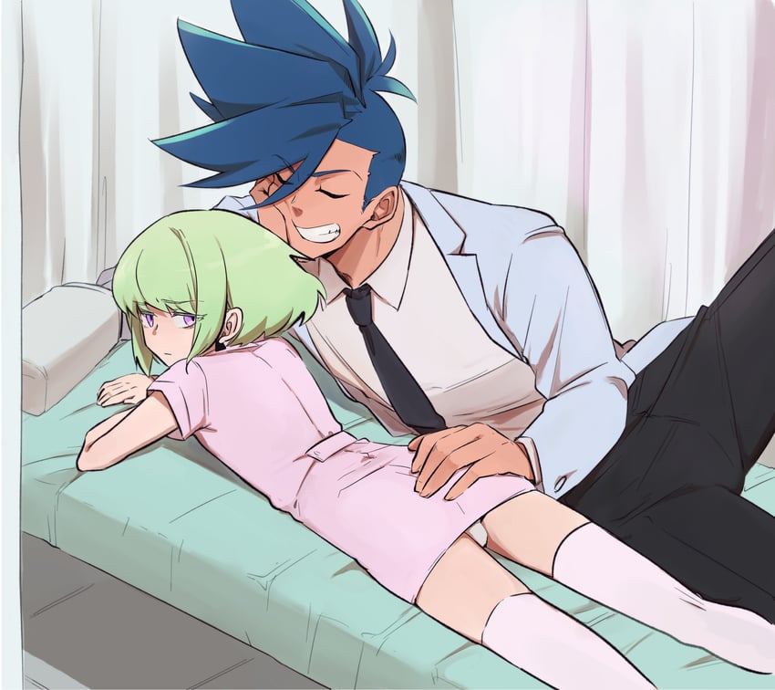 2boys, androgynous, ass grab, aus vaka, bob cut, bulge, costume, crossdressing, dress, femboy, feminine male, galo thymos, gay, imminent sex, lio fotia, miniskirt, petite, petite body, petite male, promare, roleplay, short hair, size difference, slim, slim male, slim waist, stockings, thighhighs, twink, yaoi