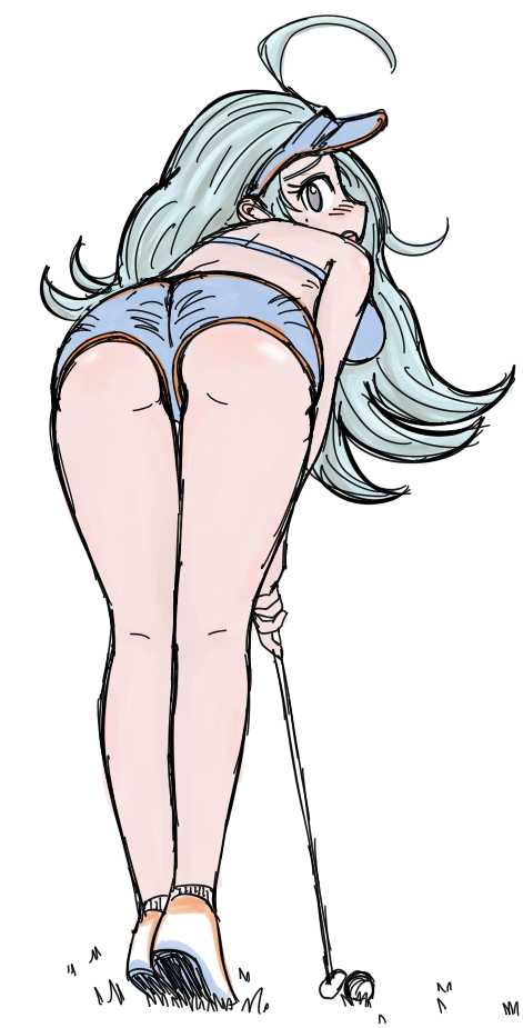 1girls, ahoge, ass, back, bent over, blue hair, blush, breasts, clothed, female, golf club, grass, green hair, grey eyes, hat, human, human only, kahili (pokemon), long hair, looking back, nintendo, pokemon, pokemon sm, shoes, shorts, solo, standing, white background