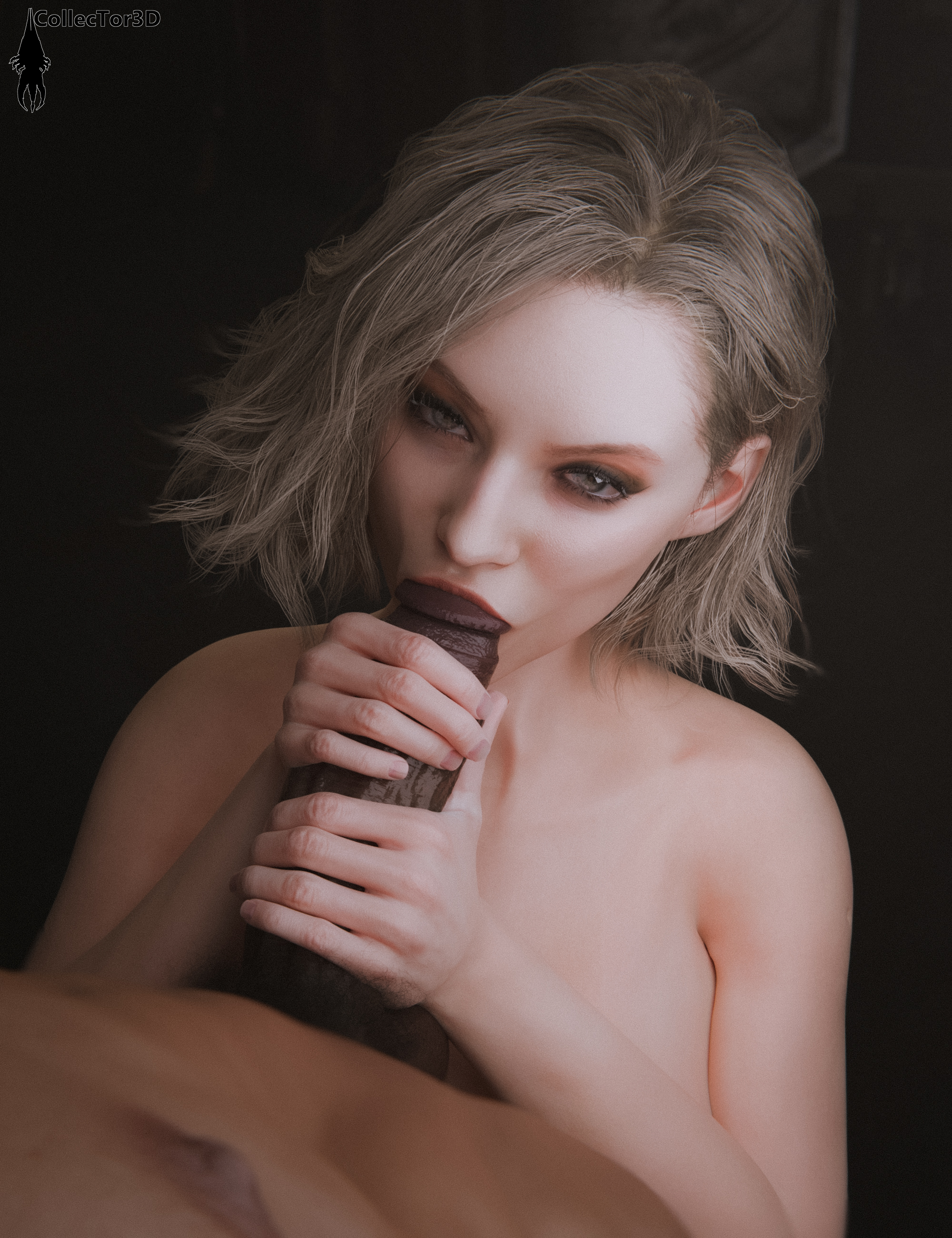 1boy, 1girls, 3d, big balls, big breasts, big penis, blender, blonde female, blonde hair, blowjob, capcom, collector3d, completely nude, completely nude female, completely nude male, dark skin, dark-skinned male, enjoying, fbi, fit, fit female, grace ashcroft, grace ashcroft (julia pratt), green eyes, horny, horny female, horny male, interracial, light skin, light-skinned female, looking at viewer, looking pleasured, penis awe, resident evil, resident evil 9: requiem, seductive look, sucking, sucking penis