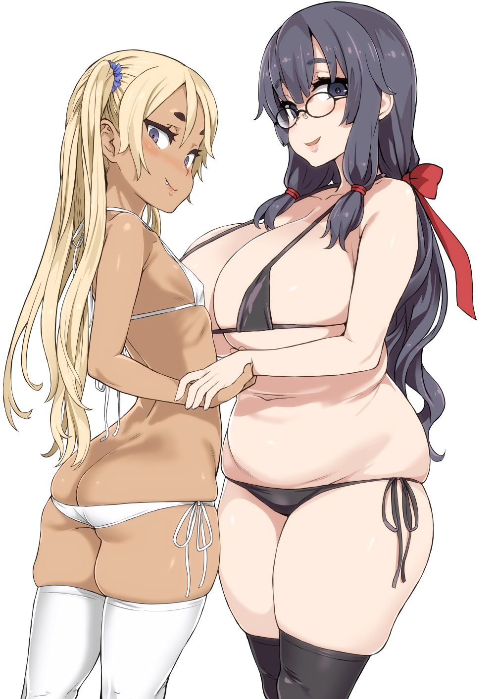 2girls asanagi ass ass_cleavage bikini black_bikini black_eyes black_hair black_legwear blonde_hair blush breasts butt_crack chubby cleavage cowboy_shot cute_fang dark_skin eyebrows_visible_through_hair fang_out female from_side glasses hand_holding highres huge_breasts looking_at_viewer lowleg lowleg_bikini multiple_girls navel original plump purple_eyes side-tie_bikini sidelocks simple_background skindentation small_breasts smile swimsuit thick_eyebrows thick_thighs thighhighs white_background white_bikini white_legwear