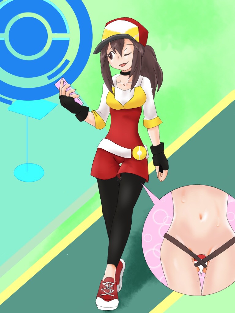 1girls belt black_gloves black_legwear breasts brown_hair cellphone choker clothed_masturbation clothing collarbone discreet_vibrator eyebrows_visible_through_hair female female_protagonist_(pokemon_go) fingerless_gloves full_body gameplay_mechanics gloves green_background hand_up hat hiza_o_kyoda jpeg_artifacts long_sleeves looking_to_the_side masturbation mechanism medium_breasts multiple_views navel one_eye_closed open_mouth pantyhose phone pixiv_24912467 pokemon pokemon_go ponytail pussy_juice red_hat red_shirt red_shoes red_shorts sex_toy_under_clothes shirt shoes shorts simple_background smile solo sweat swipe_your_knees thigh_gap tied_hair vibrator vibrator_under_clothes walking white_shirt