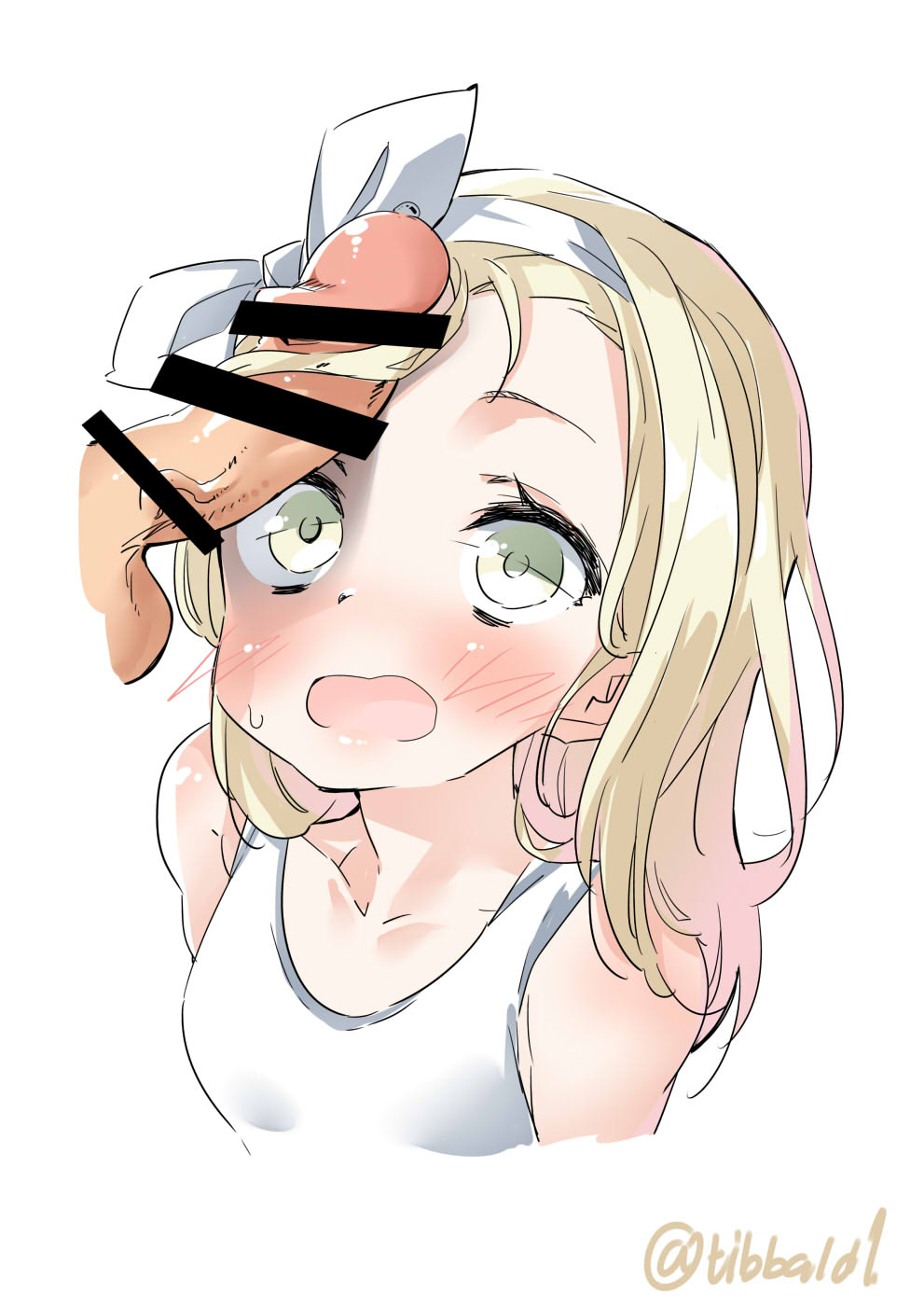 bar_censor blonde_hair blush bow censored commentary_request ebifurya erection female hairbow highres i-504_(kantai_collection) kantai_collection long_hair luigi_torelli_(kantai_collection) open_mouth penis penis_awe penis_on_face simple_background sleeveless solo_focus sweat twitter_username upper_body white_background white_bow yellow_eyes