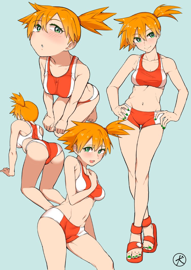 1girls ass blush cleavage feet female green_eyes green_nails human human_only kasumi_(pokemon) nail_polish navel nintendo open_mouth orange_hair pokemon short_hair shorts side_ponytail smile solo spats_sansei swimsuit text toes