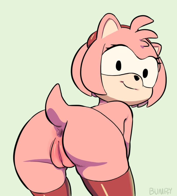 amy_rose anthro anus ass bent_over bumpty eyelashes female furry hairband hedgehog looking_at_viewer looking_back mammal presenting pussy simple_background smile solo sonic_(series) thighhighs