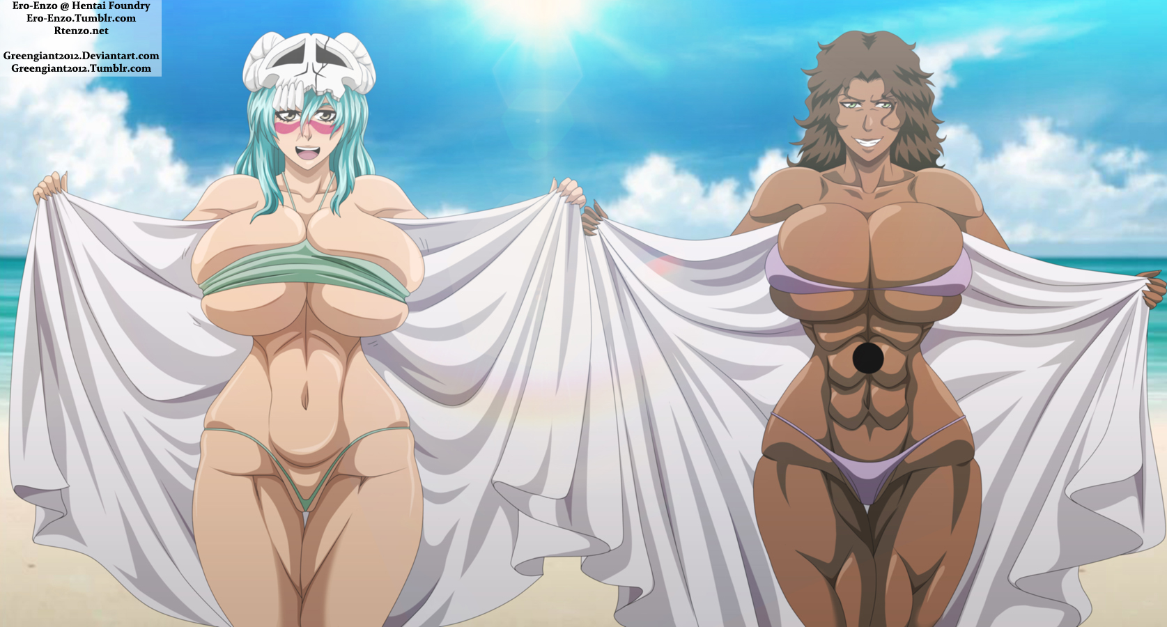 2girls, abs, arrancar, ass, bikini, bleach, breasts, busty, cleavage, dark skin, dark-skinned female, ero-enzo, female, female only, femsub, hourglass figure, huge ass, huge breasts, mila rose, multiple females, multiple girls, muscular, muscular female, navel, nelliel tu odelschwanck, presenting, swimsuit, text, thick, thick thighs, url, voluptuous, watermark, wide hips