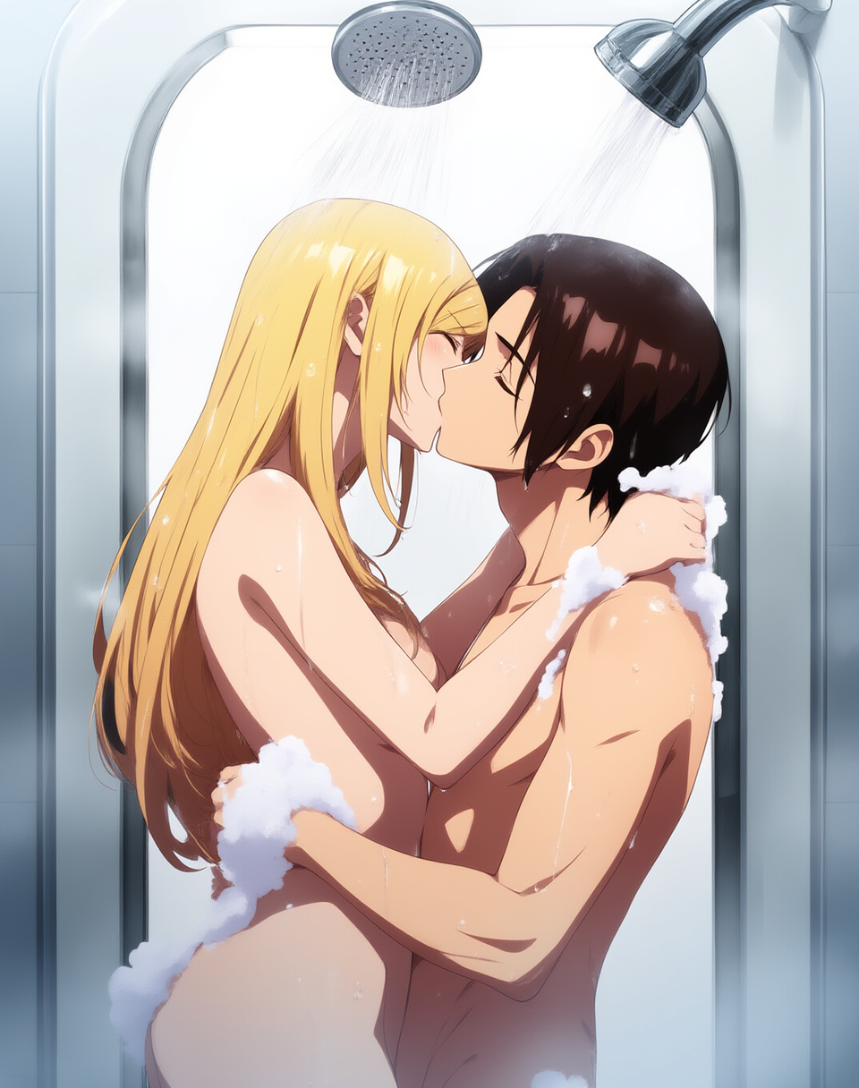 bath bathing bathroom bonne_jenet fatal_fury hugging jennie_behrn king_of_fighters kissing kyo_kusanagi shower soap soap_bubbles