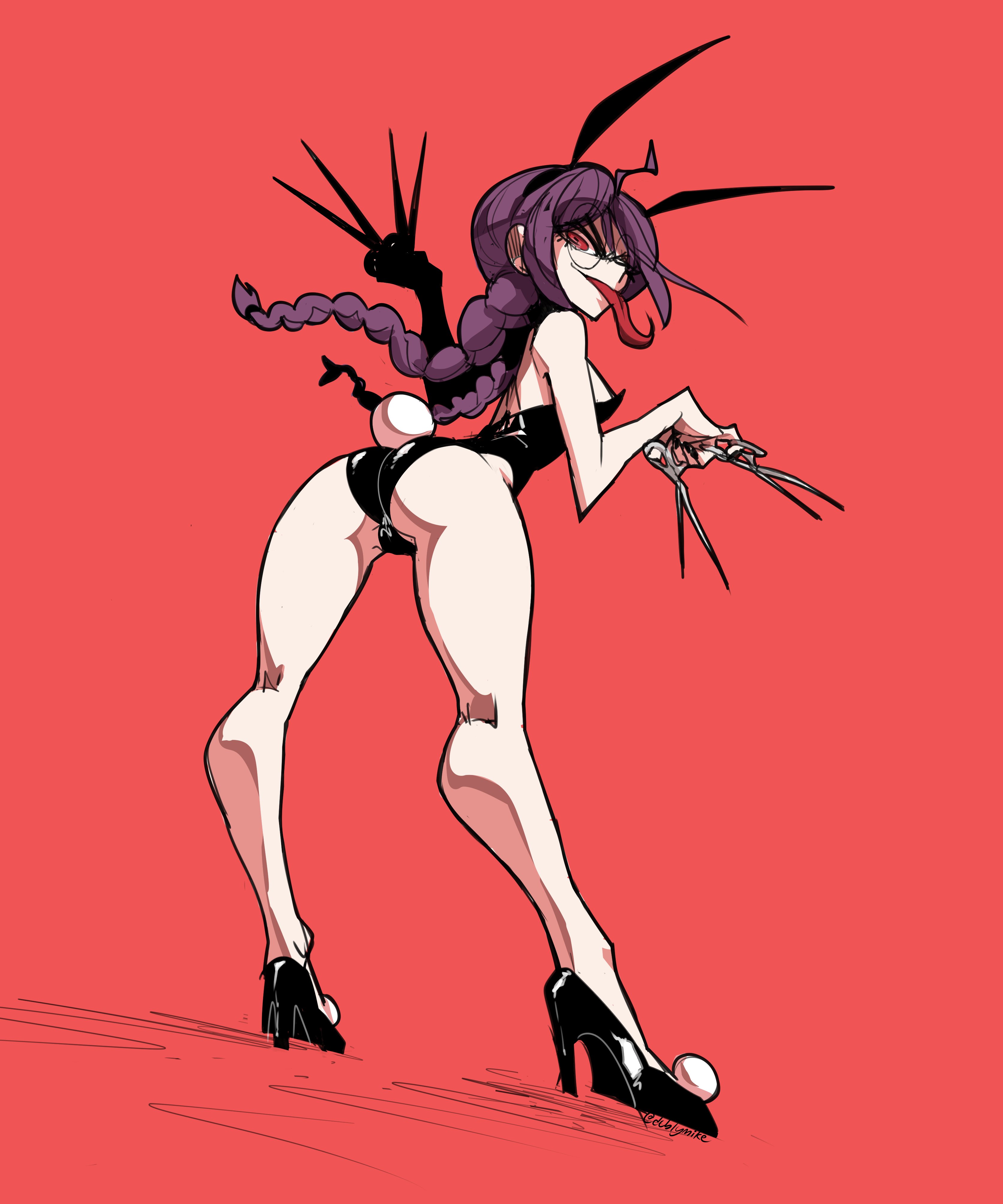 1girls, ass, bunny ears, bunnysuit, danganronpa, dublymike, female, fukawa touko, genocider shou, glasses, heels, high heels, long hair, long tongue, looking back, smooth skin, solo, toenails, tongue, tongue out