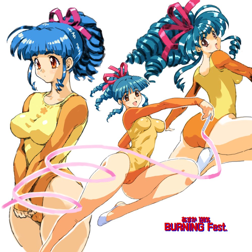 1:1 1girls 2019 ass asuka_120_percent baton big_ass blue_hair breasts brown_eyes cameltoe clothing copyright_name drill_hair eyebrows_visible_through_hair feet female female_only gymnast_leotard gymnast_socks gymnastics hair_ribbon highres impossible_clothes jumping leotard looking_at_viewer medium_breasts multiple_views nipple_bulge ookubo_kumi open_mouth petitdry ponytail ribbon ribbon_baton shoes simple_background smile solo standing text thick_thighs thighs tied_hair toe_shoes tongue tri_drills v_arms white_background wide_hips yellow_leotard