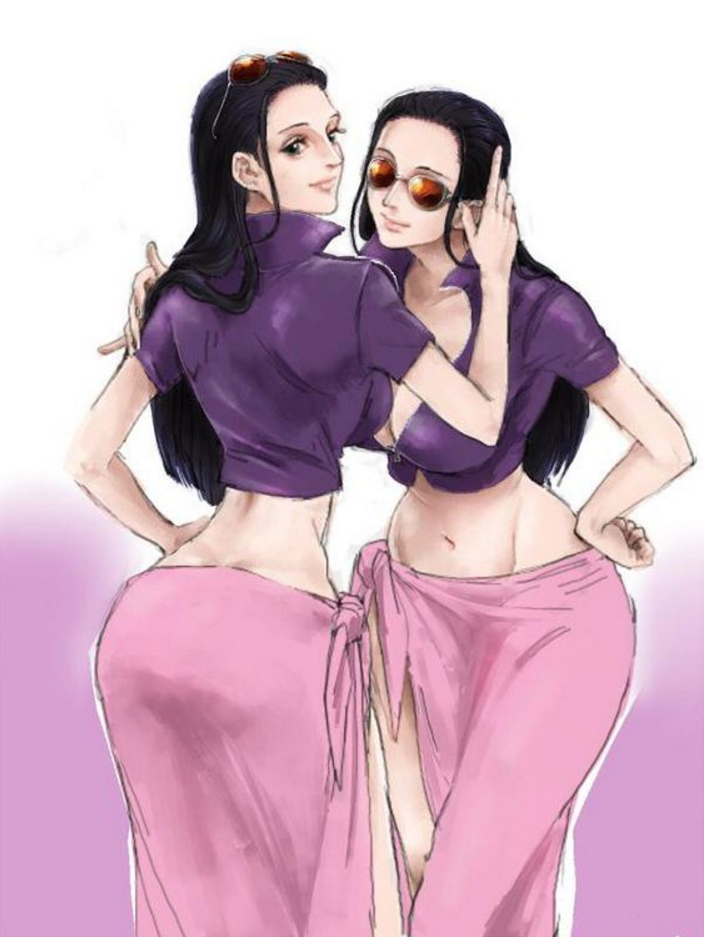 2girls artist_request ass back black_hair blue_eyes clone cuerpo_fleur curvy female female_only hana_hana_no_mi hips leather_vest long_hair looking_back multiple_girls navel nico_robin one_piece sarong skirt standing stomach sunglasses sunglasses_on_head together