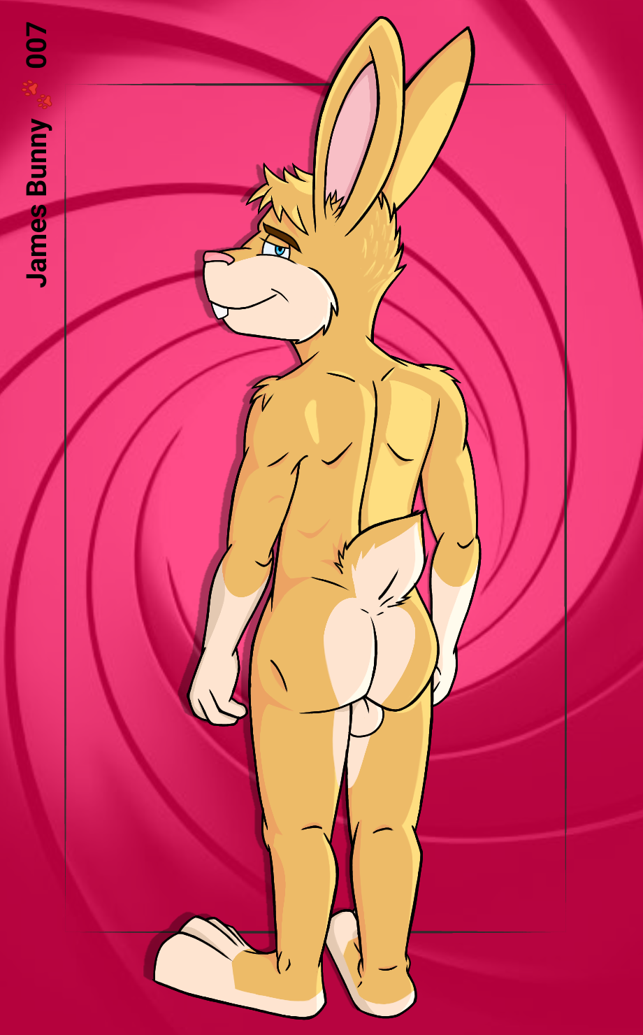 anthro artist_name ass athletic athletic_anthro athletic_male backsack balls biped blonde_hair buckteeth colored feet fingers full-length_portrait fur genitals hair half-closed_eyes head_turned hi_res humanoid_hands james_bunny jamesbunny007 lagomorph leporid looking_at_viewer looking_back male mammal multicolored_body multicolored_fur narrowed_eyes nude_anthro nude_male plantigrade portrait rabbit rear_view short_hair short_tail smile solo standing tail tan_body tan_fur teeth text toes two_tone_body two_tone_fur yellow_body yellow_fur