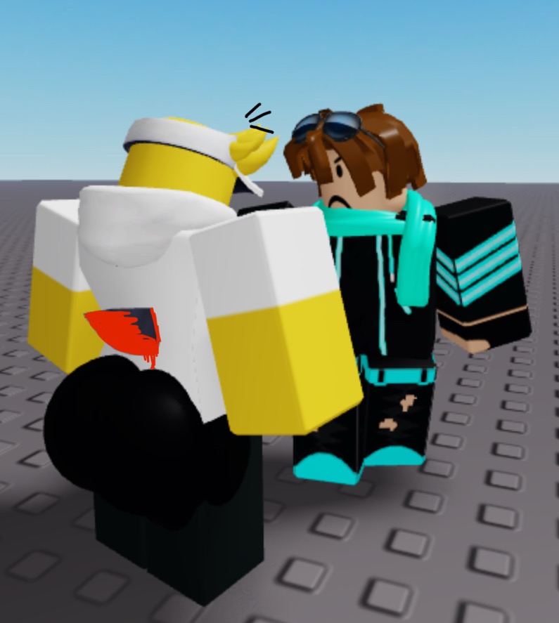 angry_face angry_male bad_quality big_ass black_pants blood blood_on_knife brown_hair cyan_scarf cyan_shirt deviantart empty_background female_white_cashier gamer knife not_porn pale-skinned_male pale_skin pierced_body roblox robloxian shocked white_cashier white_hoodie white_shirt wtf yellow_body