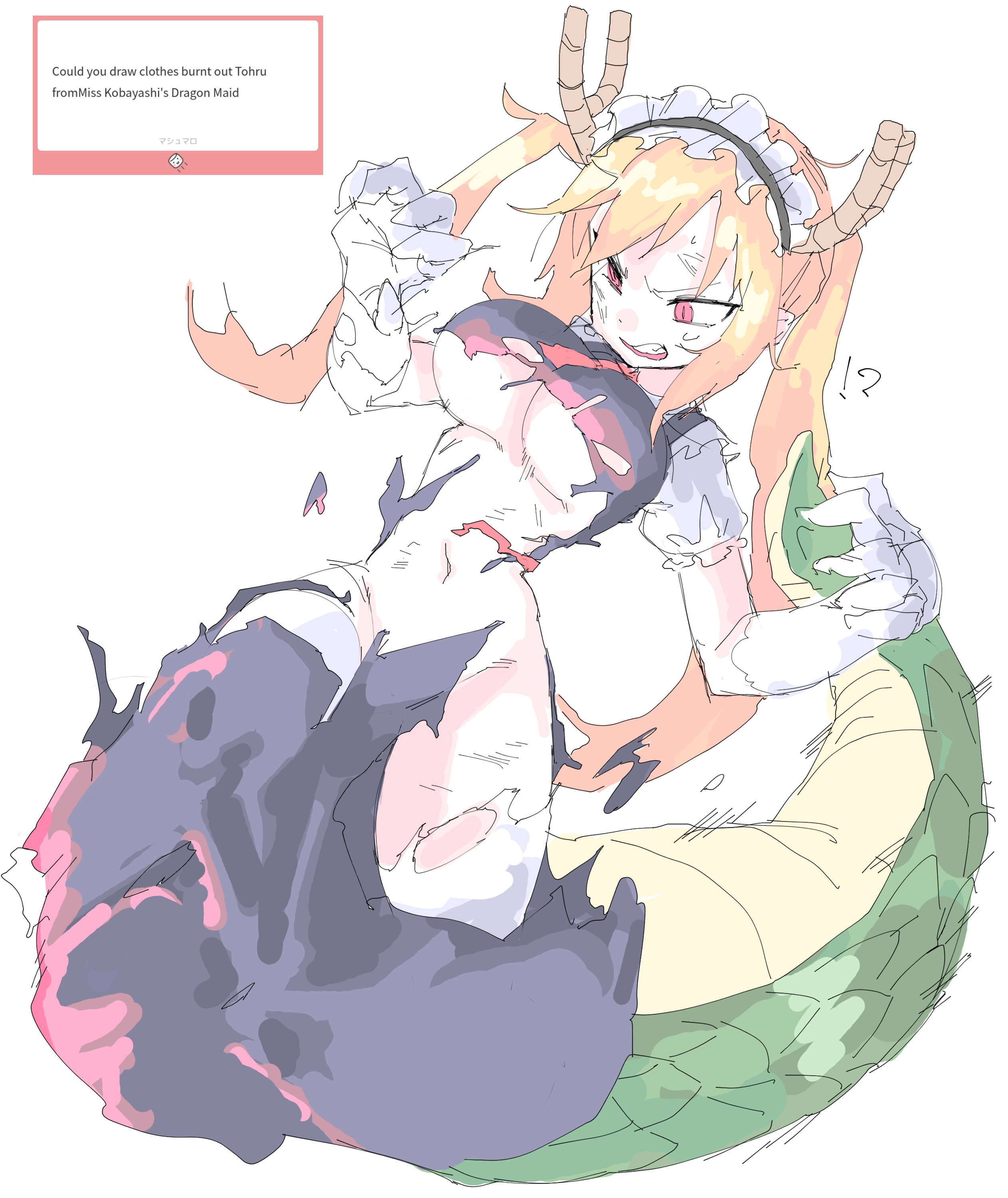 !?, 1girls, big breasts, blonde hair, breasts, destroyed clothing, dragon girl, female, gloves, horns, kobayashi-san chi no maidragon, long hair, maid, maid headdress, maid uniform, miss kobayashi's dragon maid, mocamocaink, slit pupils, solo, tagme, tail, tohru (dragon maid), torn clothes