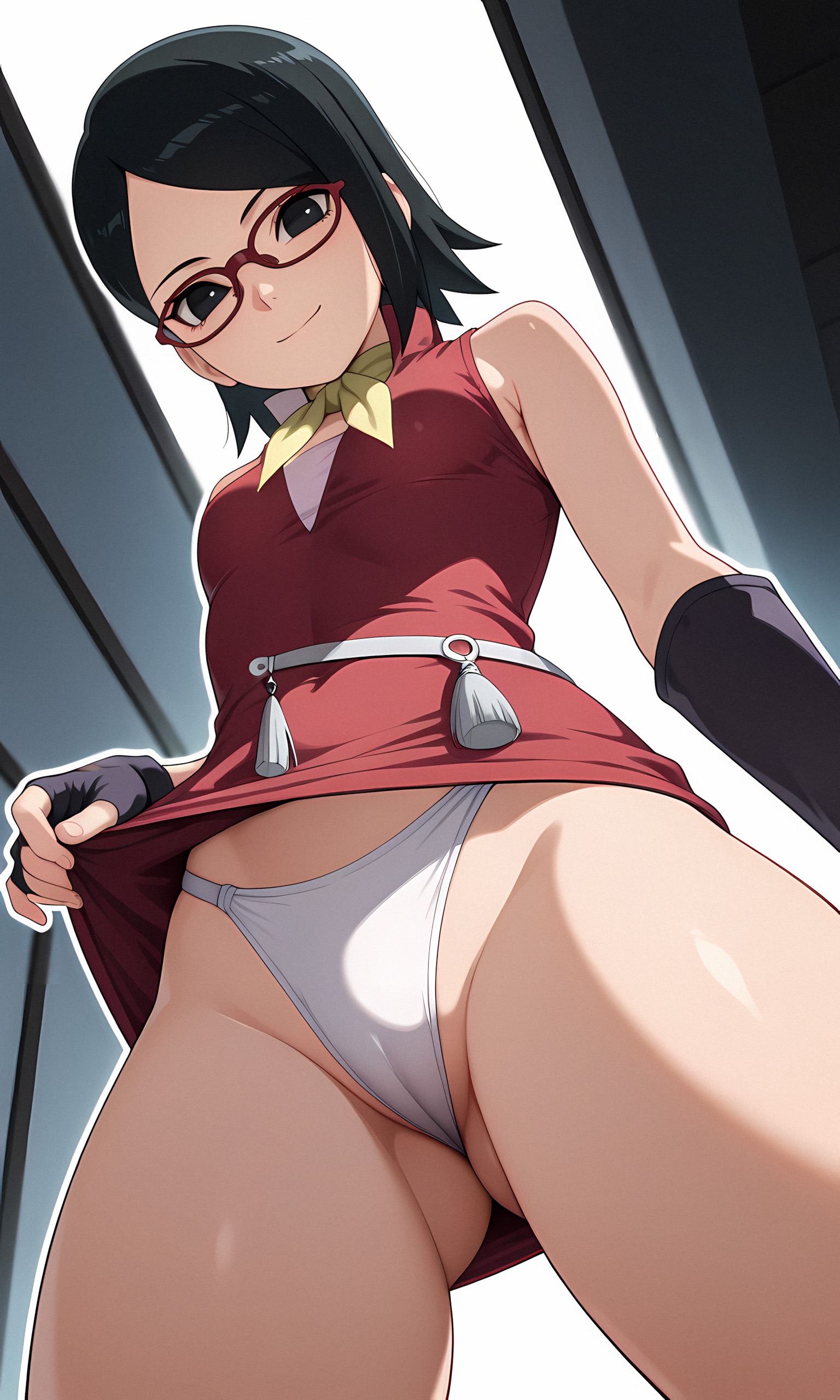 1girls, aged up, ai generated, alternate costume, boruto: naruto next generations, clothed, clothed female, female, female only, glasses, naruto, naruto (series), pussy, sarada uchiha, showing off, showing pussy