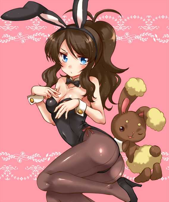 ass blushing brown_hair buneary bunnysuit dat_ass high_heels hilda_(pokemon) human pantyhose pokemon