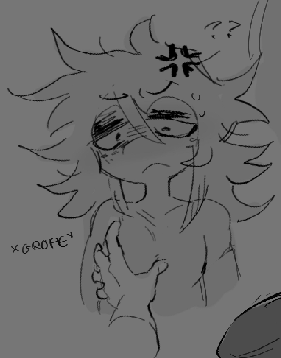 2d, anon, anthro, breasts, confusion, feminine male, furry, grey background, greyscale, groping, groping breast, groping breasts, long hair, male, male breasts, male only, male with breasts, salmon
