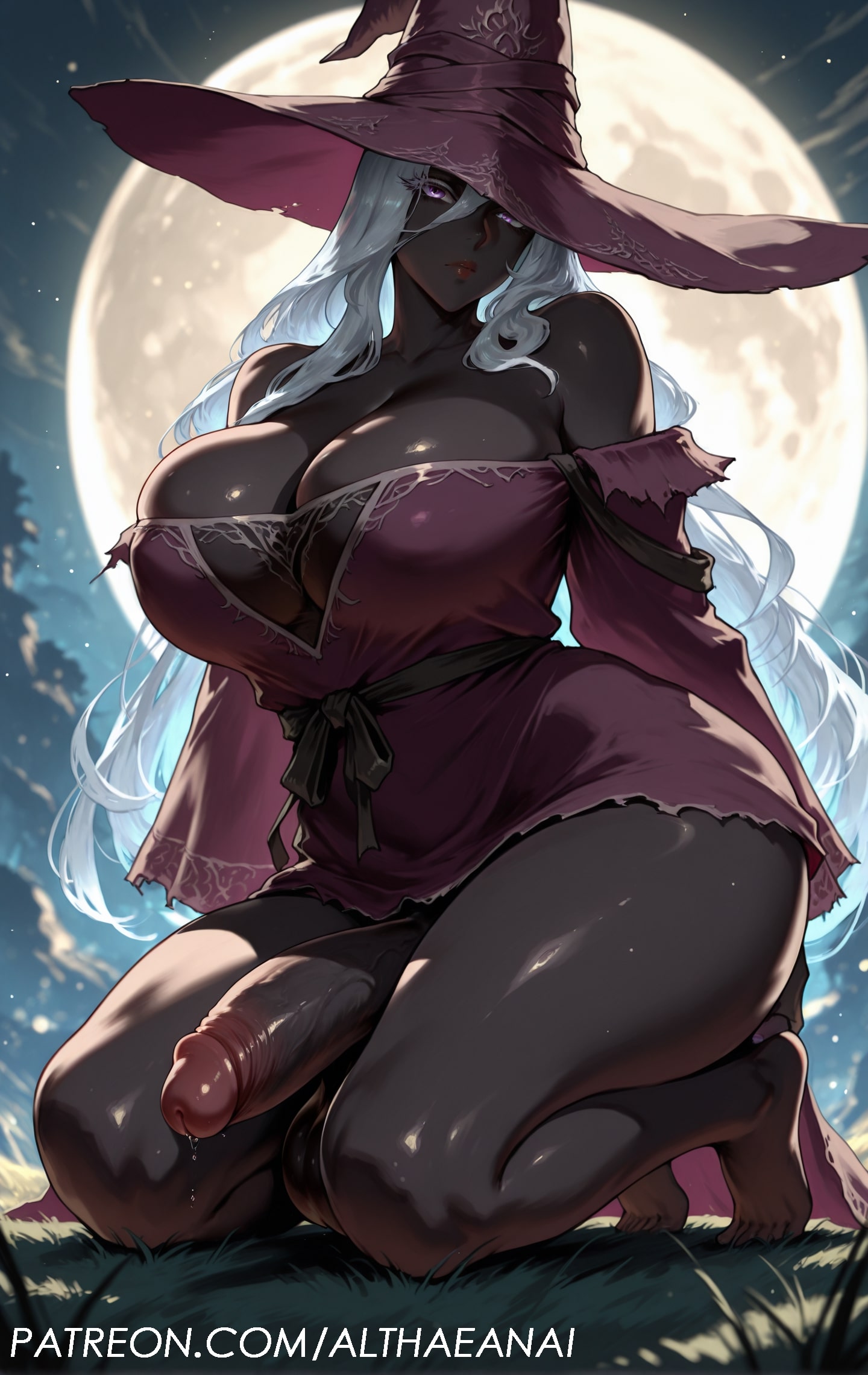1futa, absurd res, ai generated, althaean, background, backlighting, balls, bandai namco, bare shoulders, barefoot, breasts, bursting breasts, cleavage, curvaceous, curvy, curvy figure, dark skin, elden ring, elden ring nightreign, fromsoftware, futanari, grey skin, huge balls, huge breasts, huge cock, huge testicles, intersex, kemono, kneeling, large penis, long hair, looking at viewer, mommy, moon, night, penis, precum, precum drip, purple eyes, recluse (nightreign), robe, shiny skin, solo futa, stable diffusion, testicles, thick thighs, thighs, voluptuous, voluptuous futa, white hair, witch hat