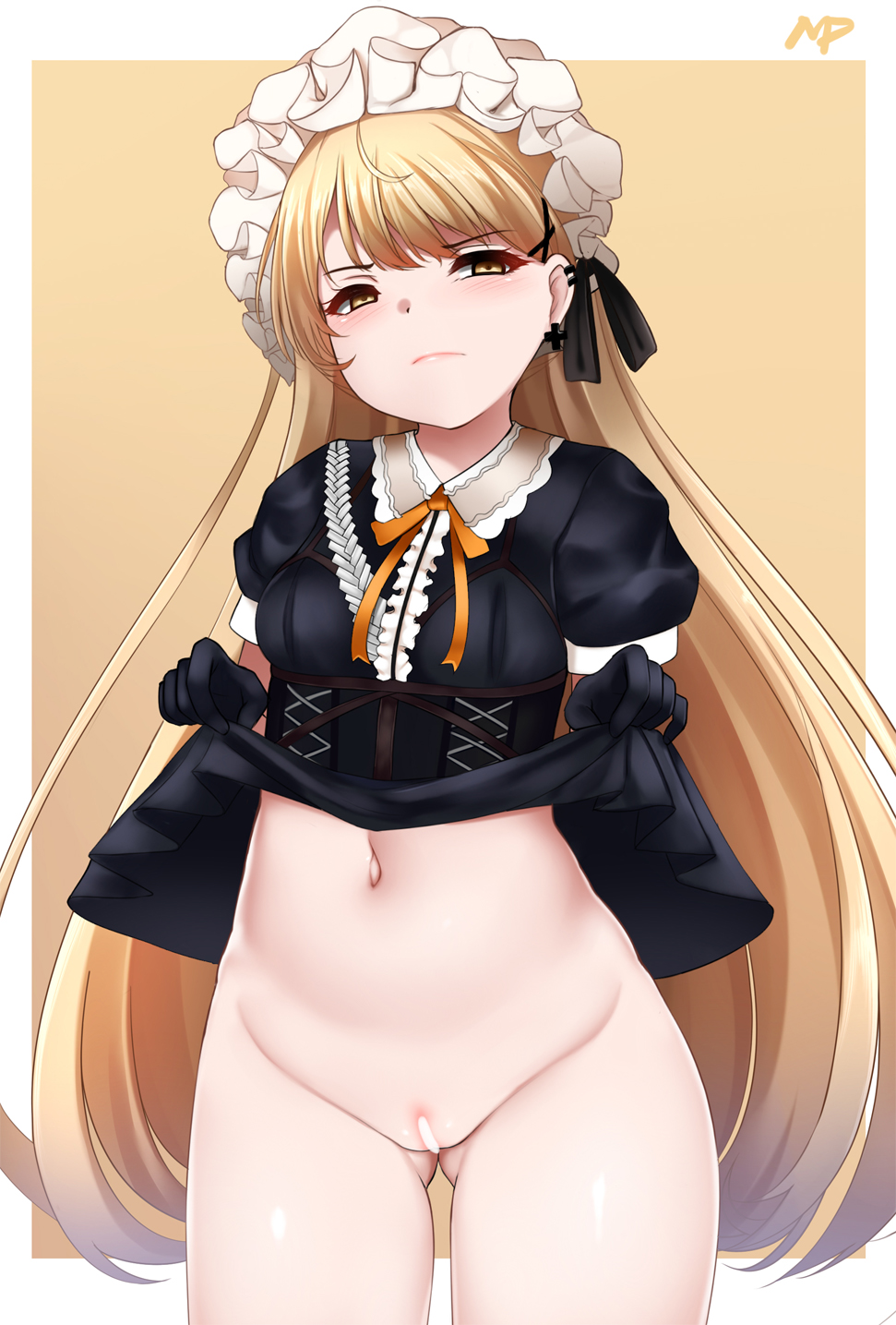 ass_visible_through_thighs black_dress black_gloves blonde_hair blush bottomless bow breasts brown_eyes censored cowboy_shot cross cross_earrings dress dress_lift earrings female frilled_hairband girls'_frontline gloves hairband highres jewelry long_hair looking_at_viewer mapar navel orange_background orange_bow ppk_(girls_frontline) pussy small_breasts solo white_hairband