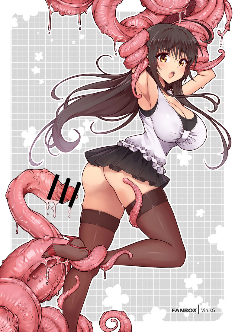 arm_up armpits ass black_hair black_skirt blush bound bound_arms breasts brown_eyes brown_thighhighs censored cleavage clothing fanbox_username female frilled_shirt frills high_heels imminent_tentacle_sex kotegawa_yui large_breasts long_hair looking_at_viewer microskirt open_mouth penis_tentacle pleated_skirt pointless_censoring red_shoes restrained restrained_by_tentacles shirt shoes skirt sleeveless sleeveless_shirt solo standing standing_on_one_leg stockings t-shirt tentacle tentacles_around_arms tentacles_around_legs thighhighs thighs to_love-ru virus-g yellow_eyes