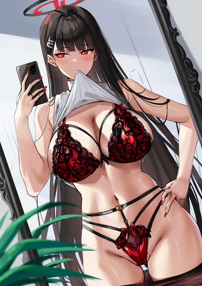 1girls artist_request big_breasts blue_archive blush bra bra_and_panties breasts cleavage clothes clothes_lift clothes_pull halo lifting_shirt lingerie long_hair mirror_selfie navel panties pantyhose pantyhose_pull red_bra red_eyes red_nail_polish red_nails red_panties red_underwear rio_(blue_archive) selfie shirt shirt_in_mouth shirt_lift underwear