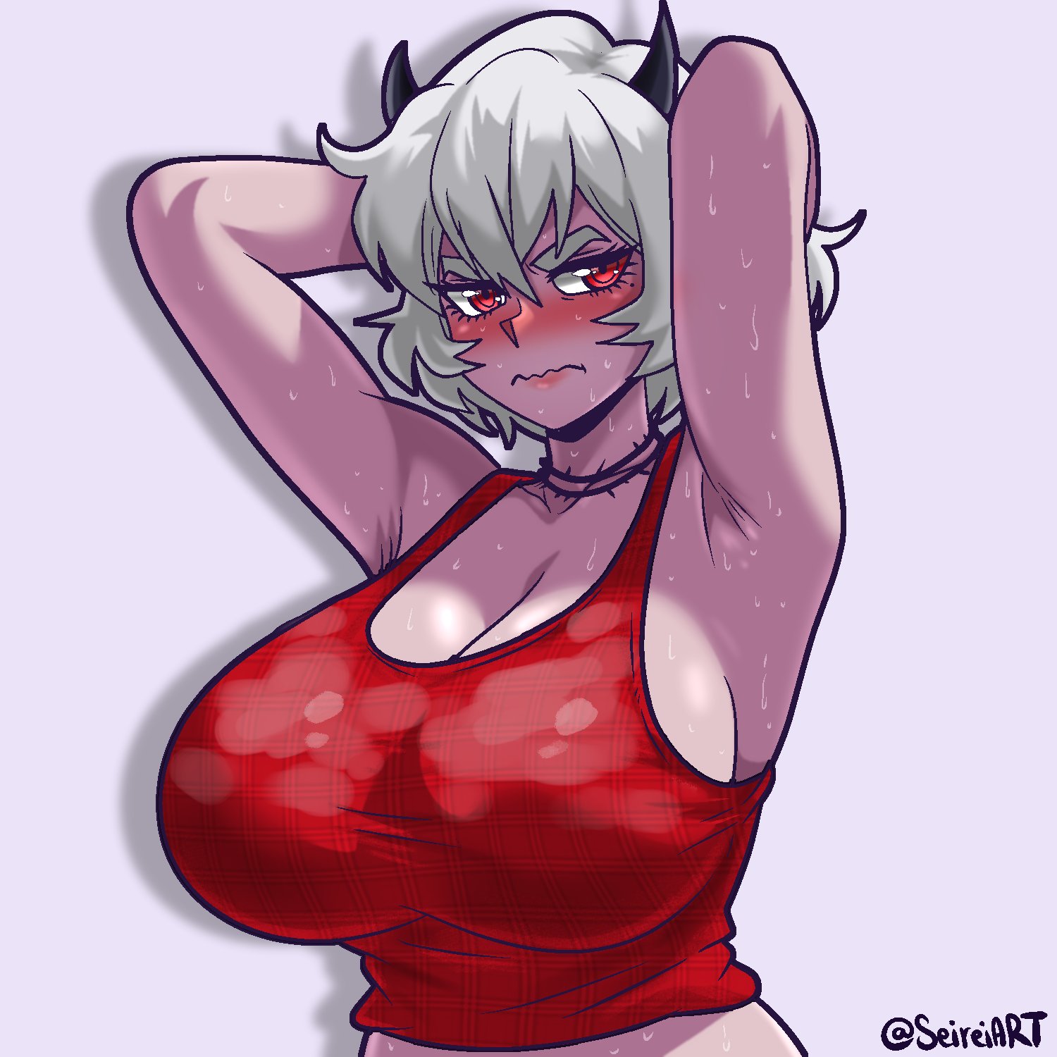 1girls, artist name, big breasts, blush, breasts, cleavage, clothed female, demon, demon girl, female, helltaker, horns, light skin, light-skinned female, malina (helltaker), pale skin, pale-skinned female, red eyes, red shirt, red tank top, seireiart, sideboob, solo, solo female, sweat, sweaty body, tank top, tanktop, watermark, white hair