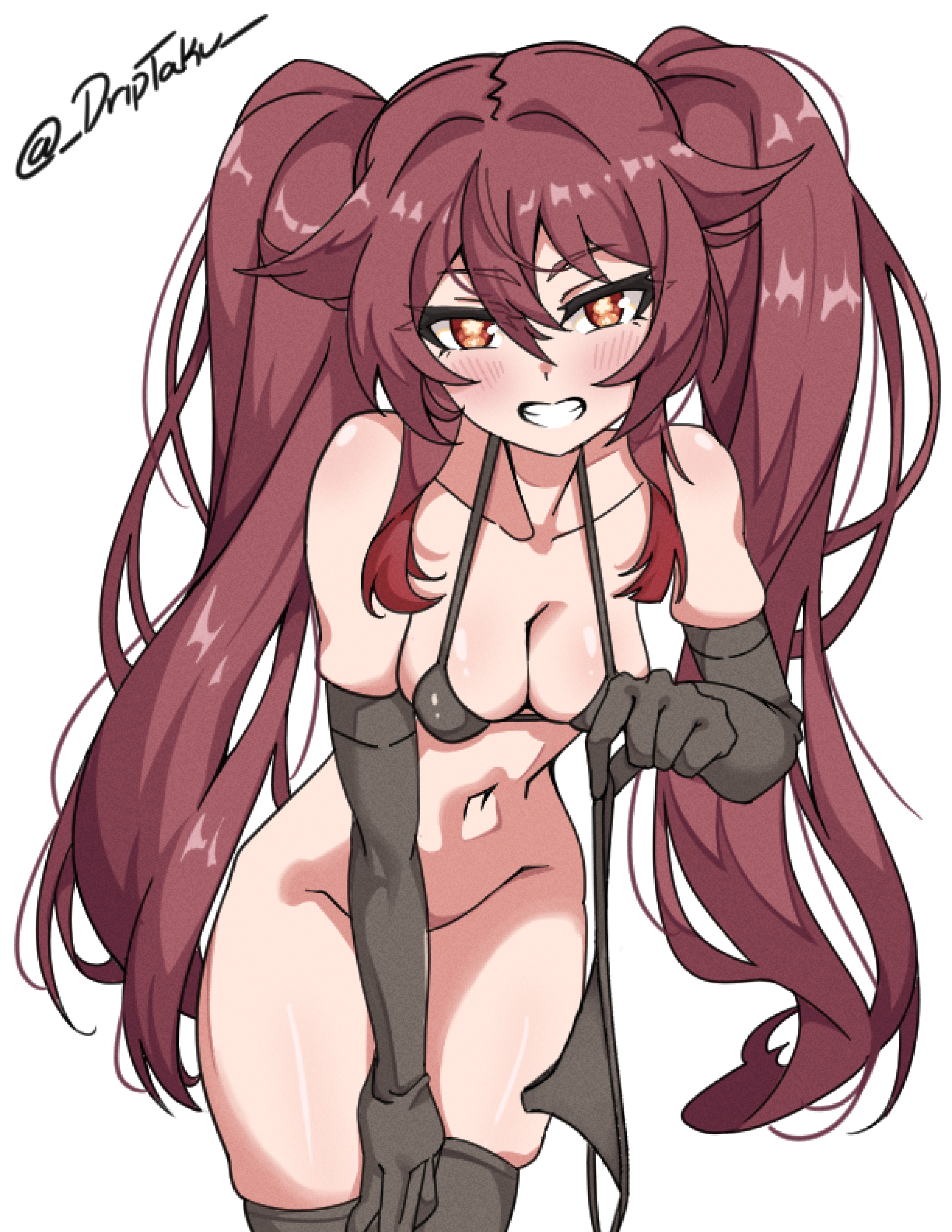 1girls, 2d, artist name, bent over, bikini, black panties, black thighhighs, breasts, brown hair, cleavage, convenient censoring, female, genshin impact, grin, hoyoverse, hu tao (genshin impact), long hair, looking at viewer, medium breasts, simple background, smile, solo, thick thighs, thighhighs, thighs, twintails, unusual anatomy, unusual eyes, unusual pupils, very long hair, white background