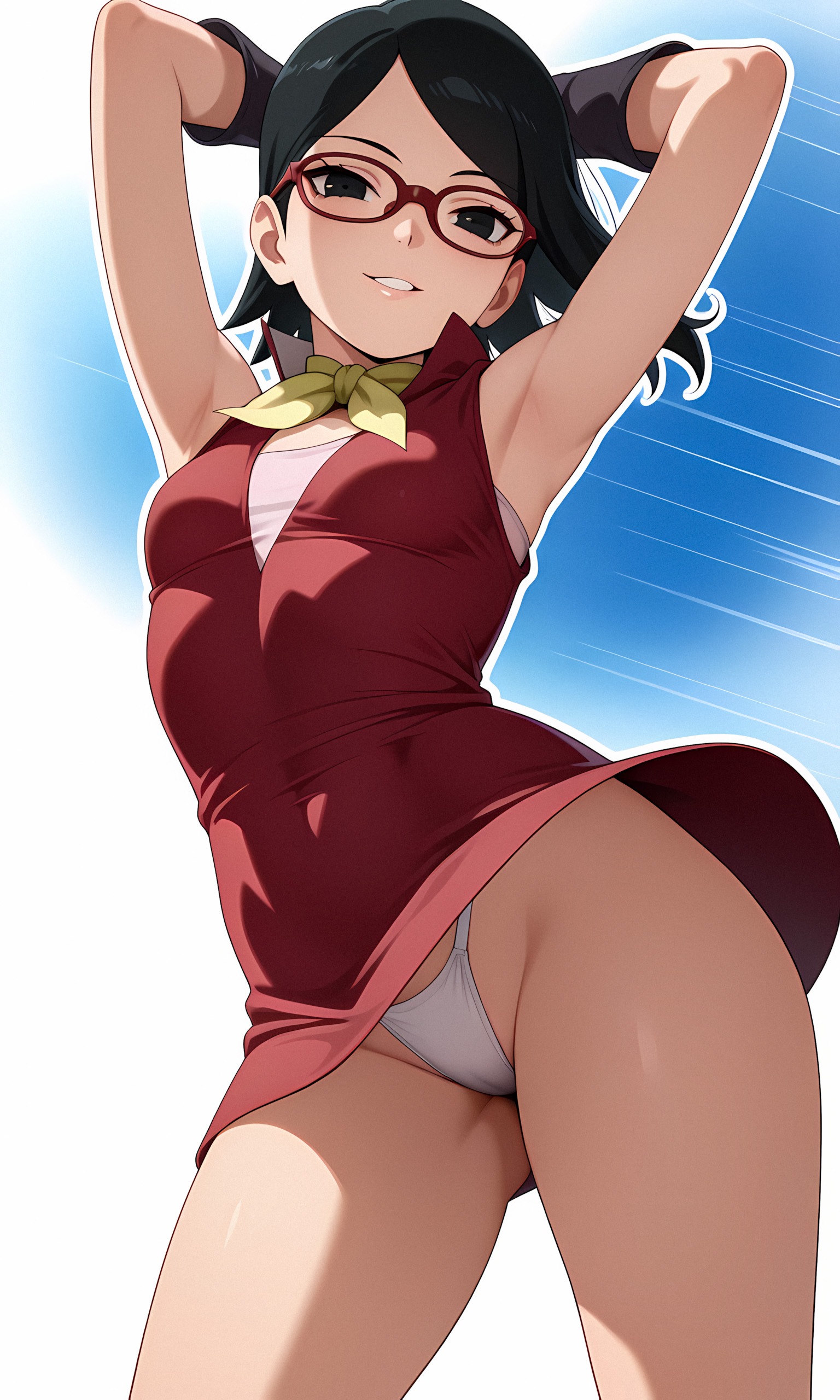 1girls, aged up, ai generated, alternate costume, boruto: naruto next generations, clothed, clothed female, female, female only, glasses, naruto, naruto (series), sarada uchiha, showing off